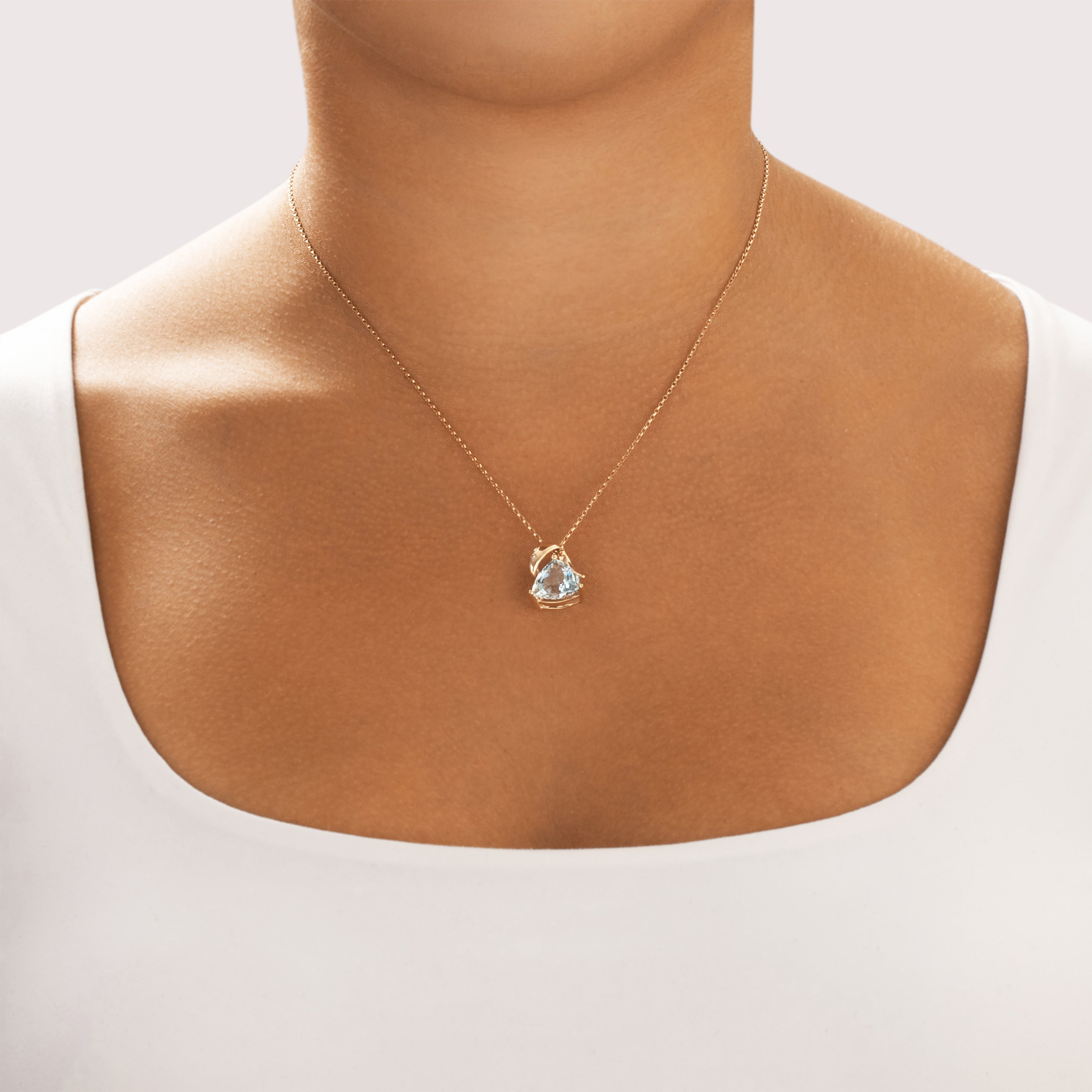 Vintage 14k Yellow Gold 4.78ct Aquamarine Diamond Swish Flourish Triangular Slide Pendant - On model view