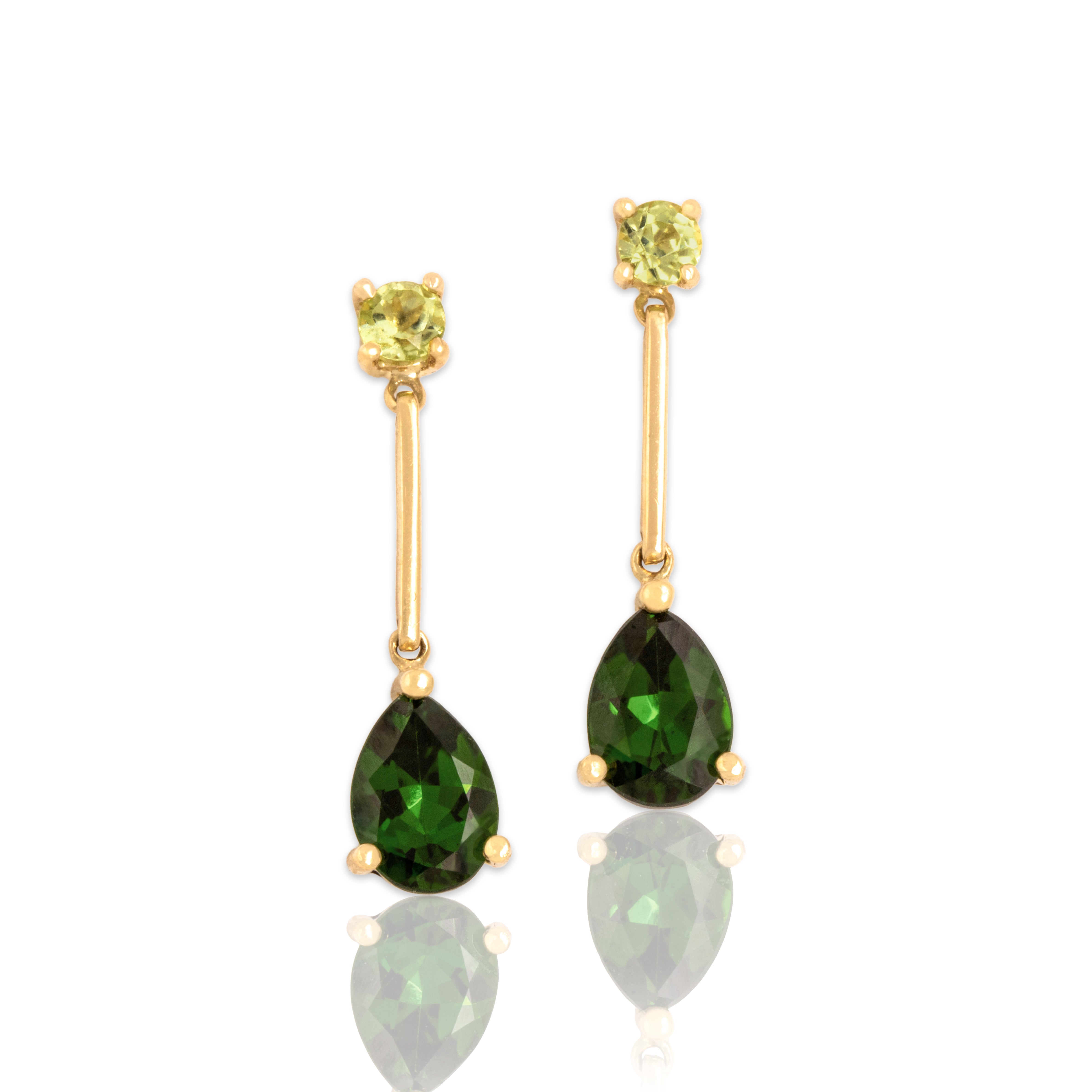 Vintage 14k Yellow Gold 1.34cttw Chrome Diopside Peridot Tear Drop Dangle Earrings