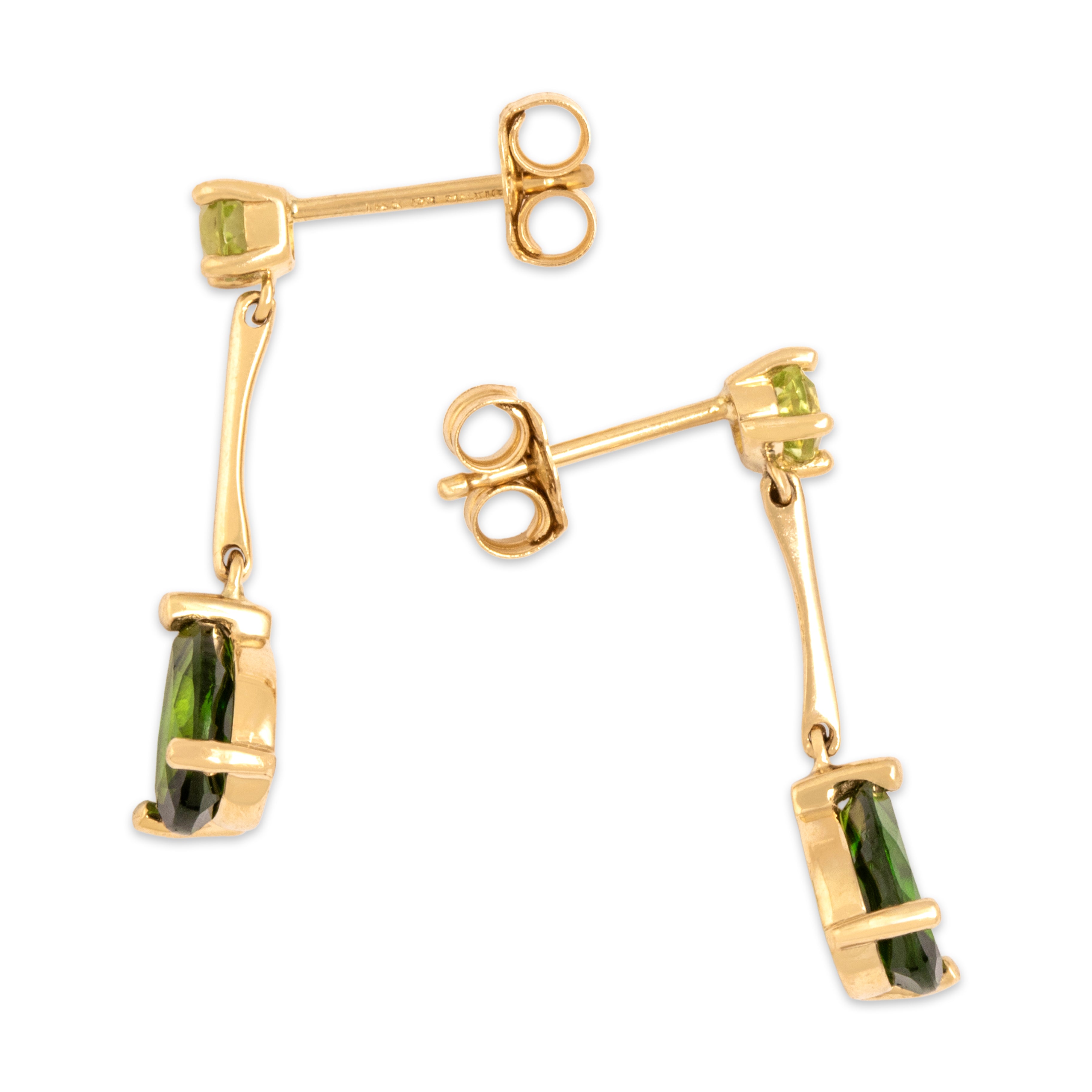 Vintage 14k Yellow Gold 1.34cttw Chrome Diopside Peridot Sleek Tear Drop Dangle Post Earrings - Side view