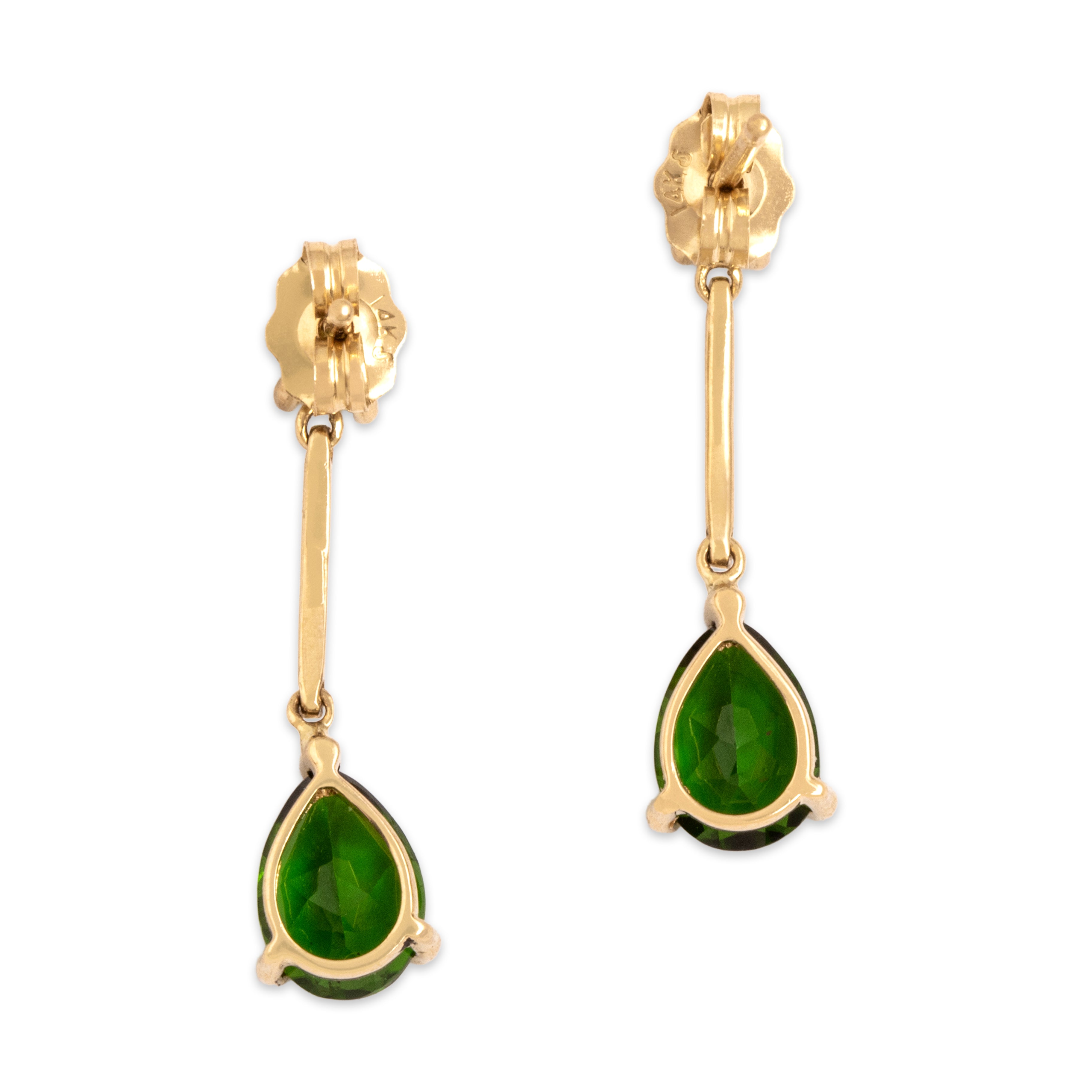 Vintage 14k Yellow Gold 1.34cttw Chrome Diopside Peridot Sleek Tear Drop Dangle Post Earrings - Back view