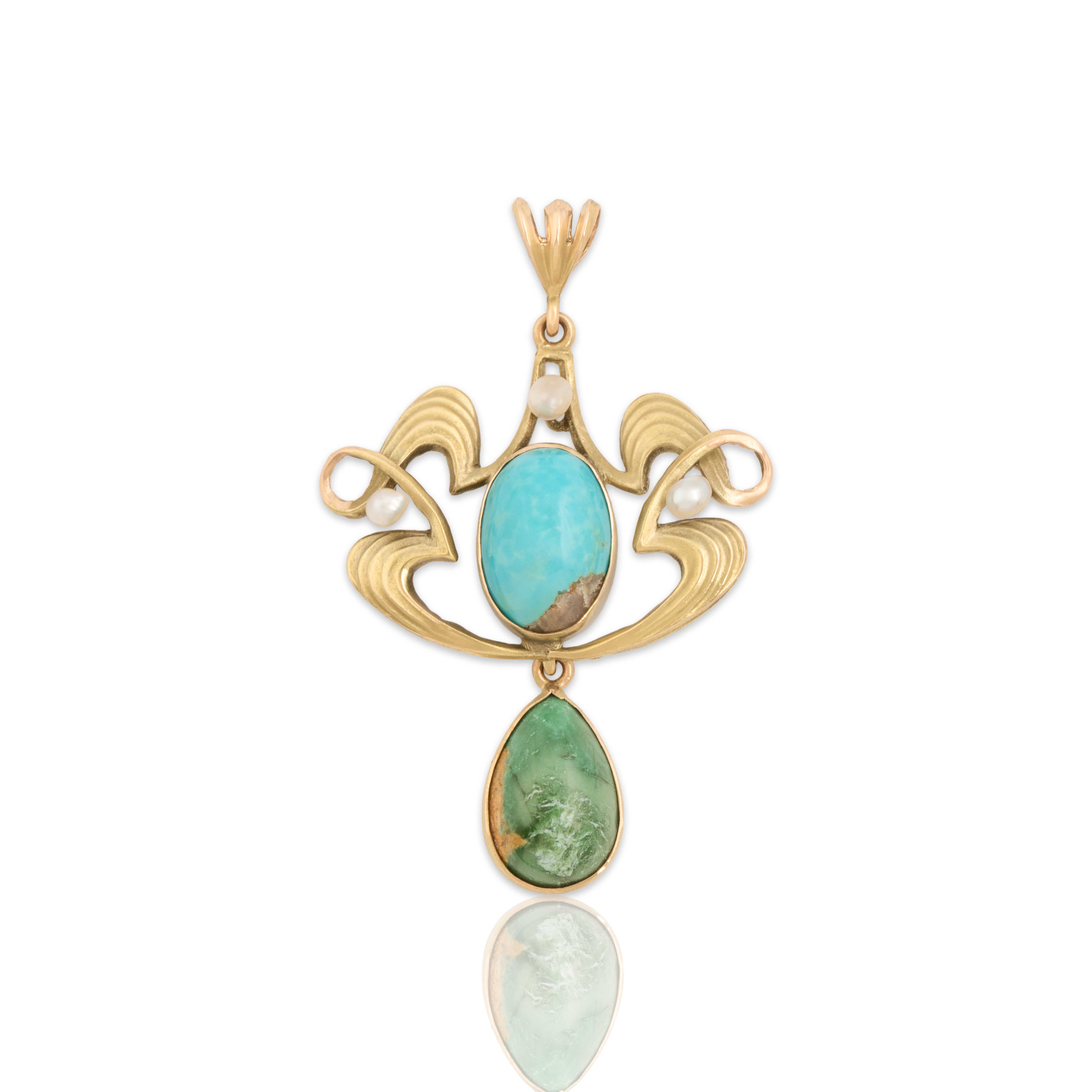 Antique Art Nouveau 10k Rosy Yellow Gold 3.84cttw Green Light Blue Turquoise Seed Pearl Flowing Lavalier Pendant - Close-up view