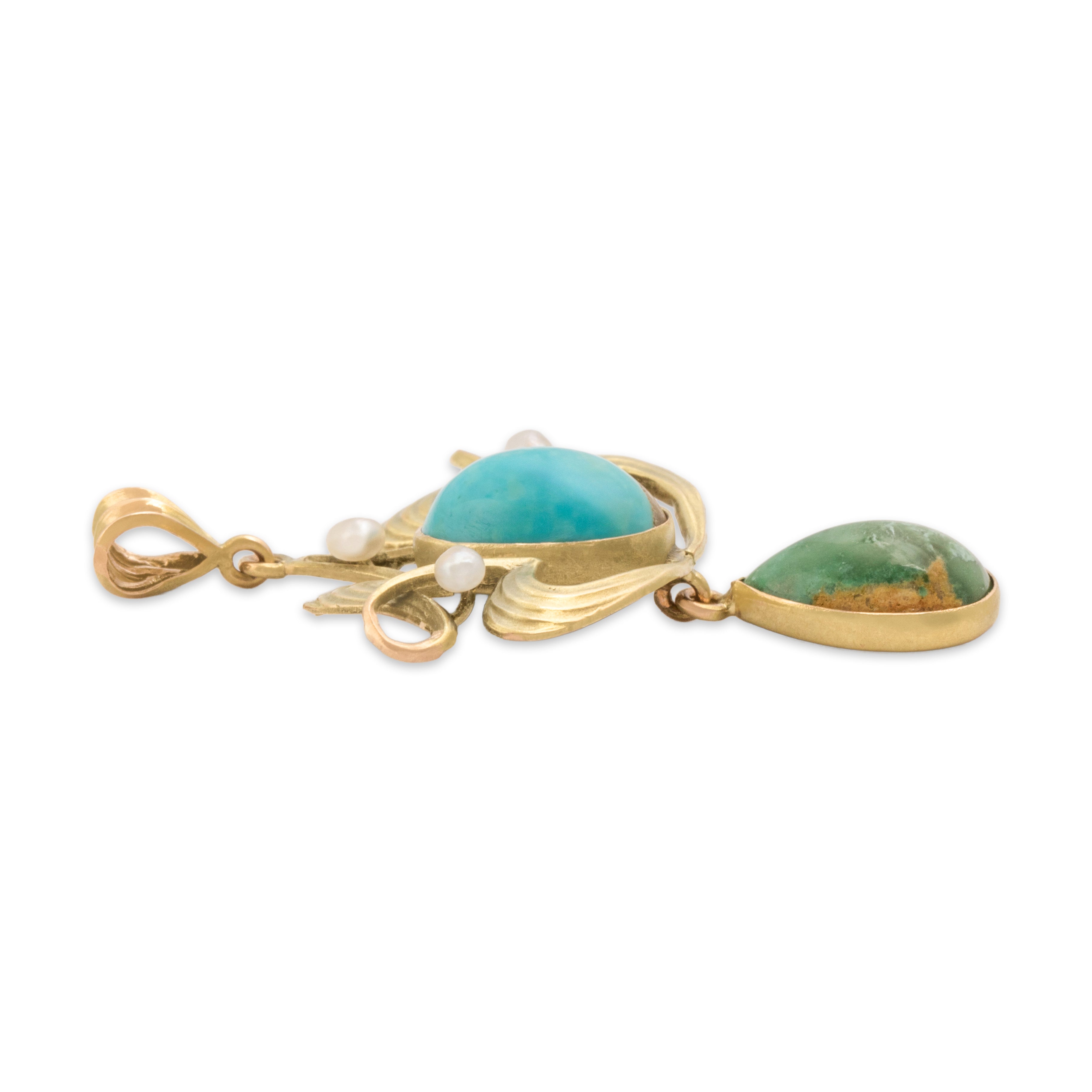 Antique Art Nouveau 10k Rosy Yellow Gold 3.84cttw Green Light Blue Turquoise Seed Pearl Flowing Lavalier Pendant - Side view