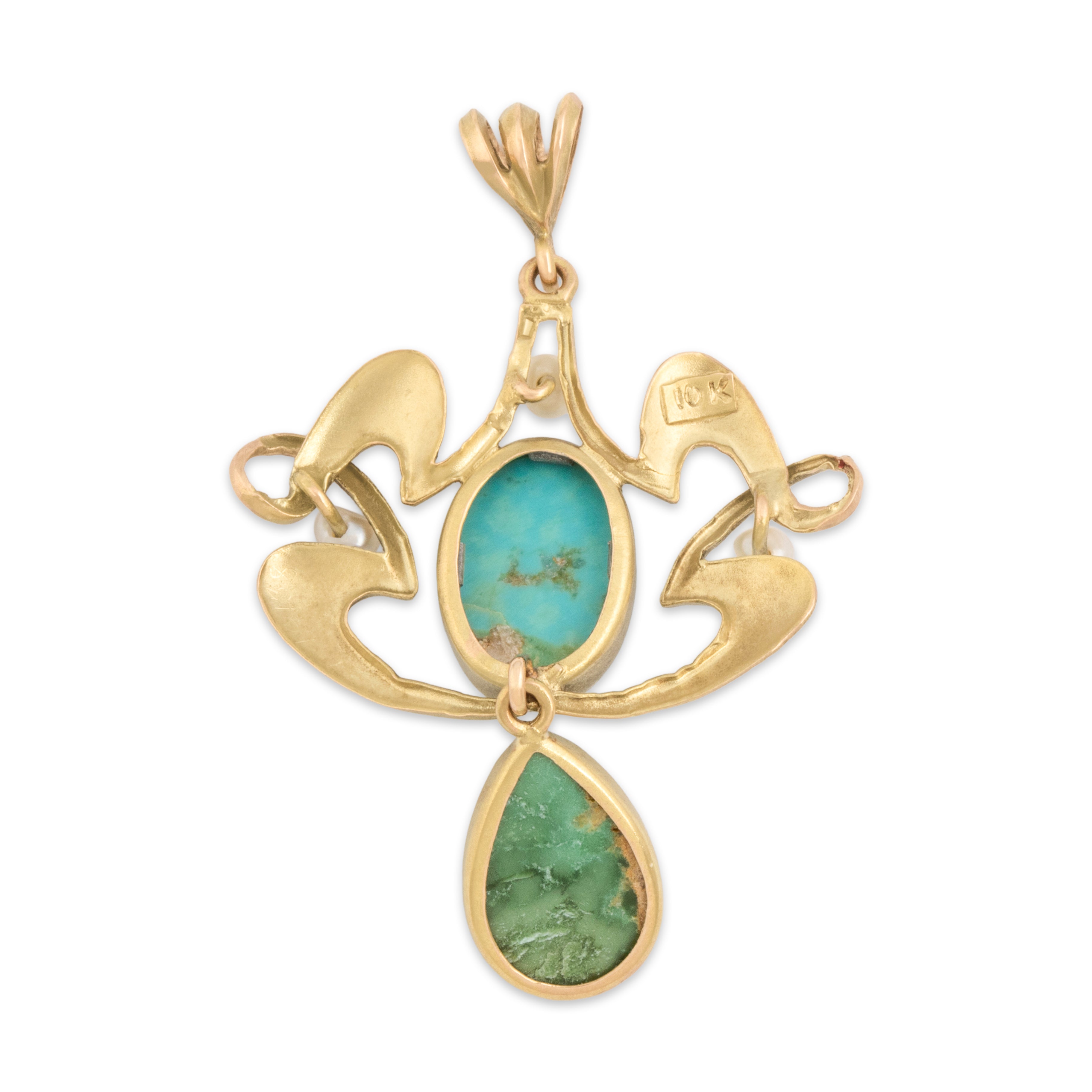 Antique Art Nouveau 10k Rosy Yellow Gold 3.84cttw Green Light Blue Turquoise Seed Pearl Flowing Lavalier Pendant - Back view