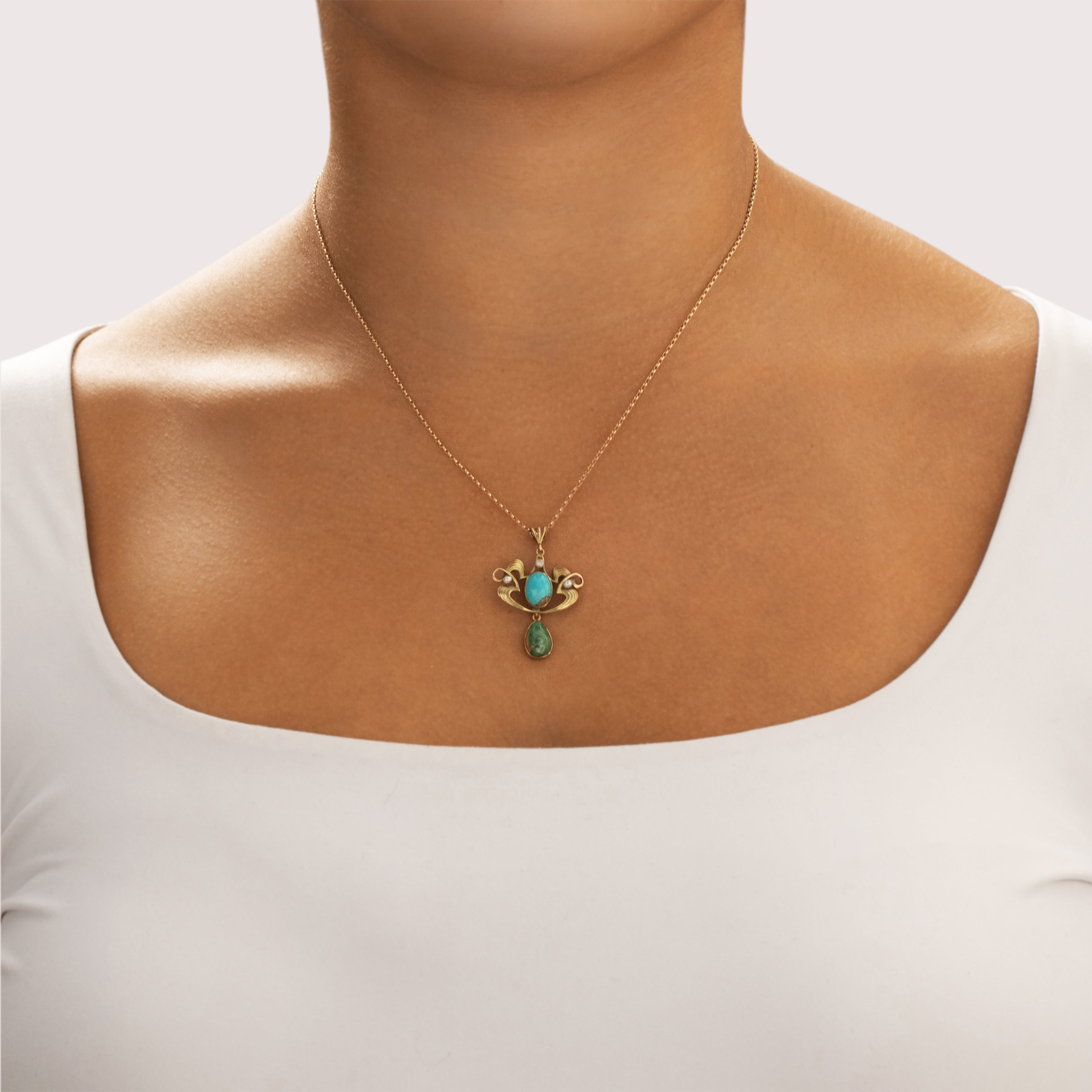 Antique Art Nouveau 10k Rosy Yellow Gold 3.84cttw Green Light Blue Turquoise Seed Pearl Flowing Lavalier Pendant - On model view