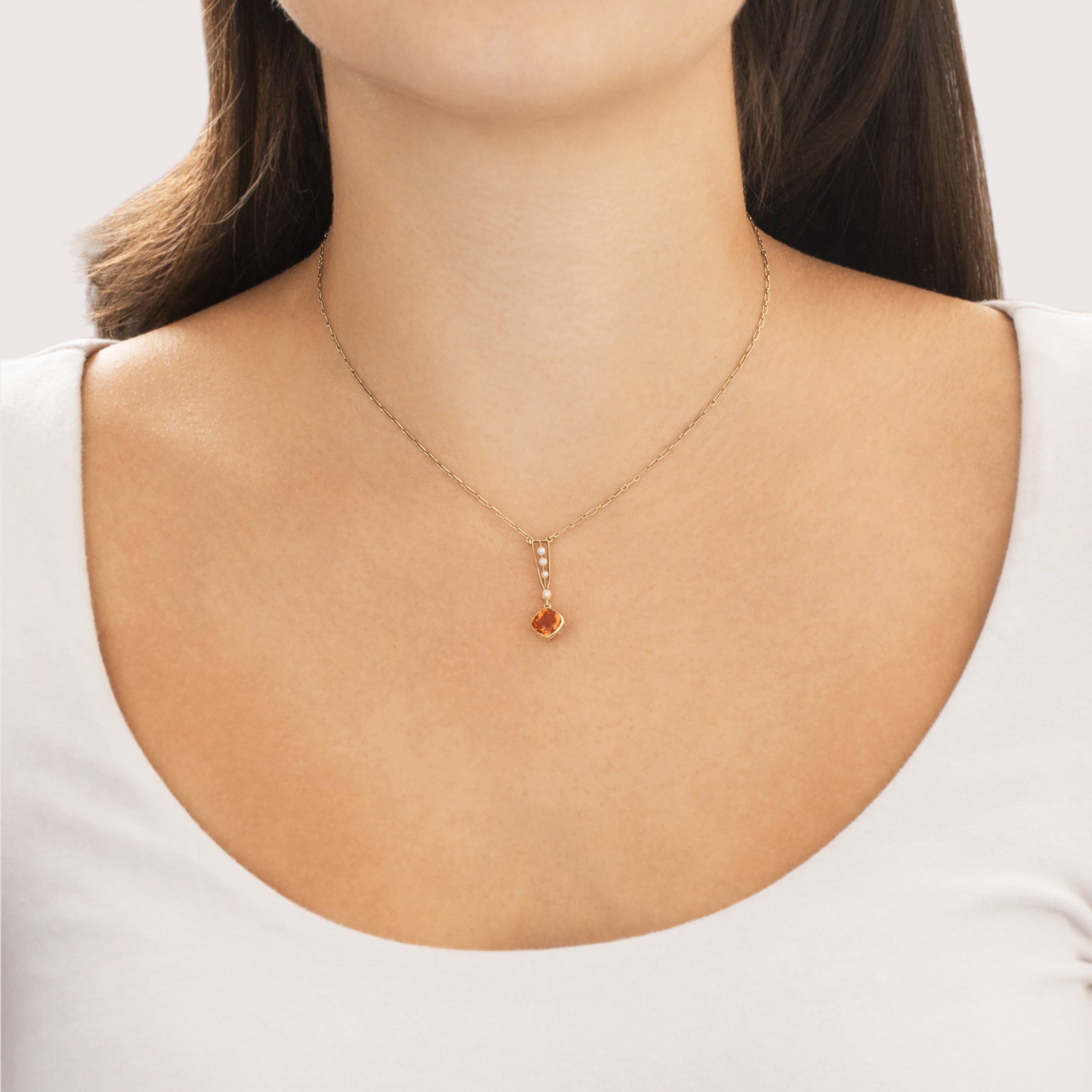 Antique Art Nouveau 14k Yellow Gold 1.15ct Citrine Pearl Dainty Elongated Lavalier Drop Necklace - On model view
