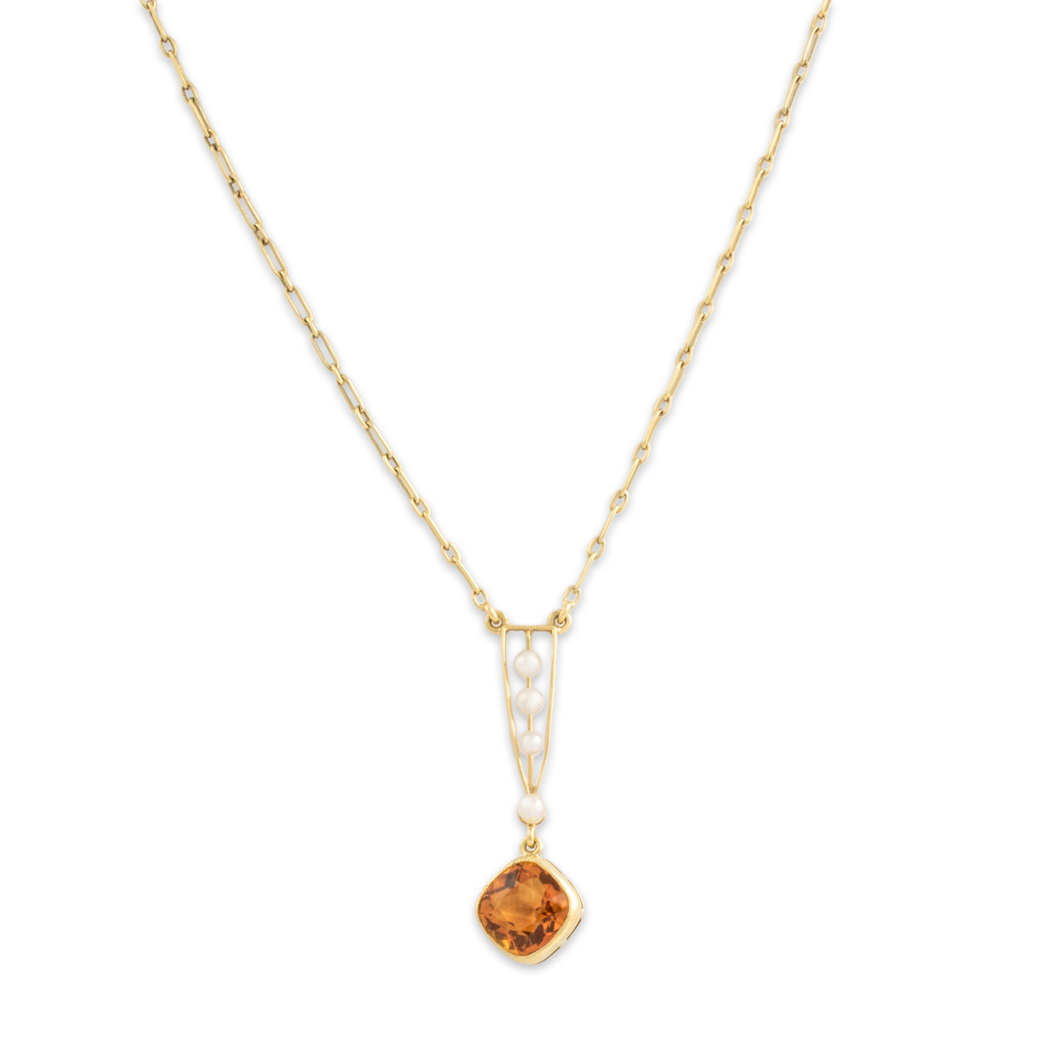 Antique Art Nouveau 14k Yellow Gold 1.15ct Citrine Pearl Dainty Elongated Lavalier Drop Necklace - detail view #1