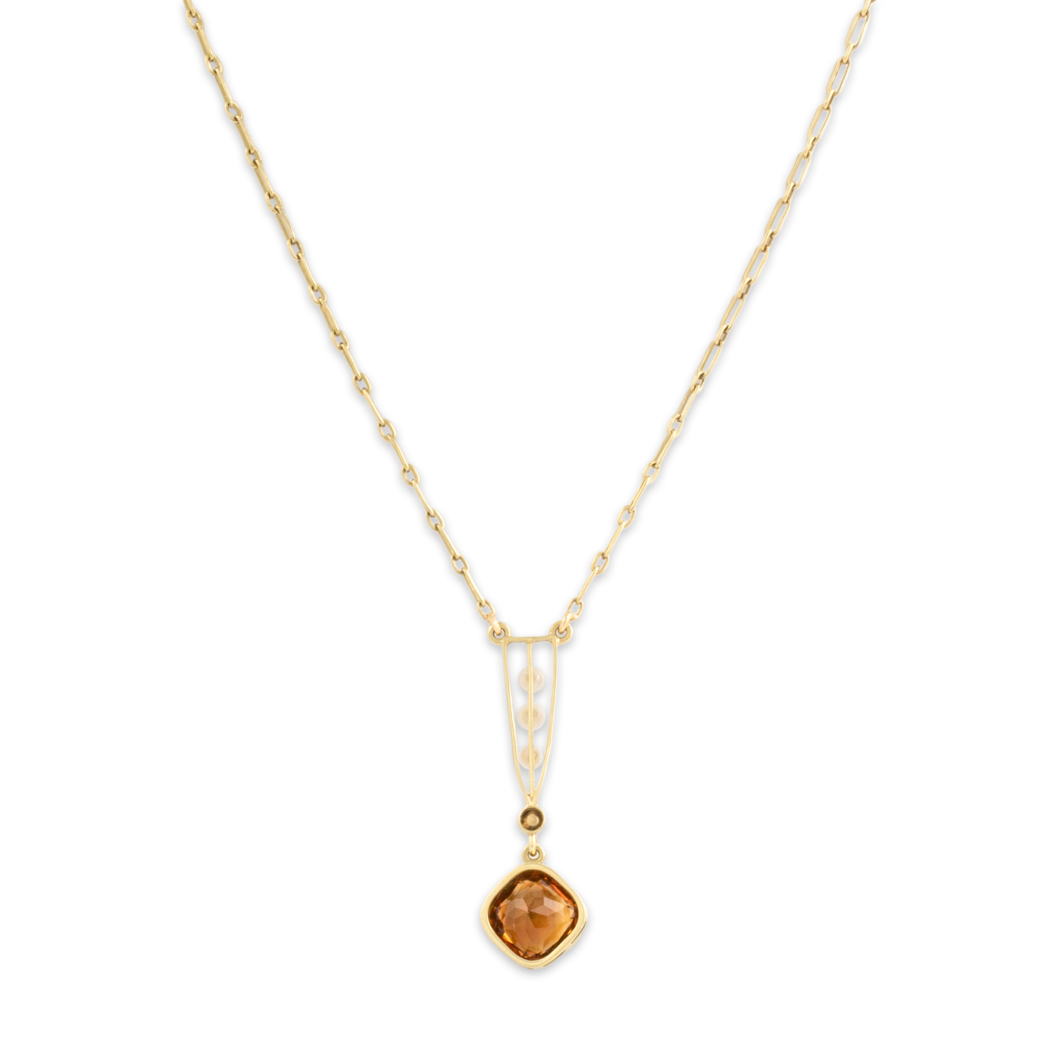 Antique Art Nouveau 14k Yellow Gold 1.15ct Citrine Pearl Dainty Elongated Lavalier Drop Necklace - Back view