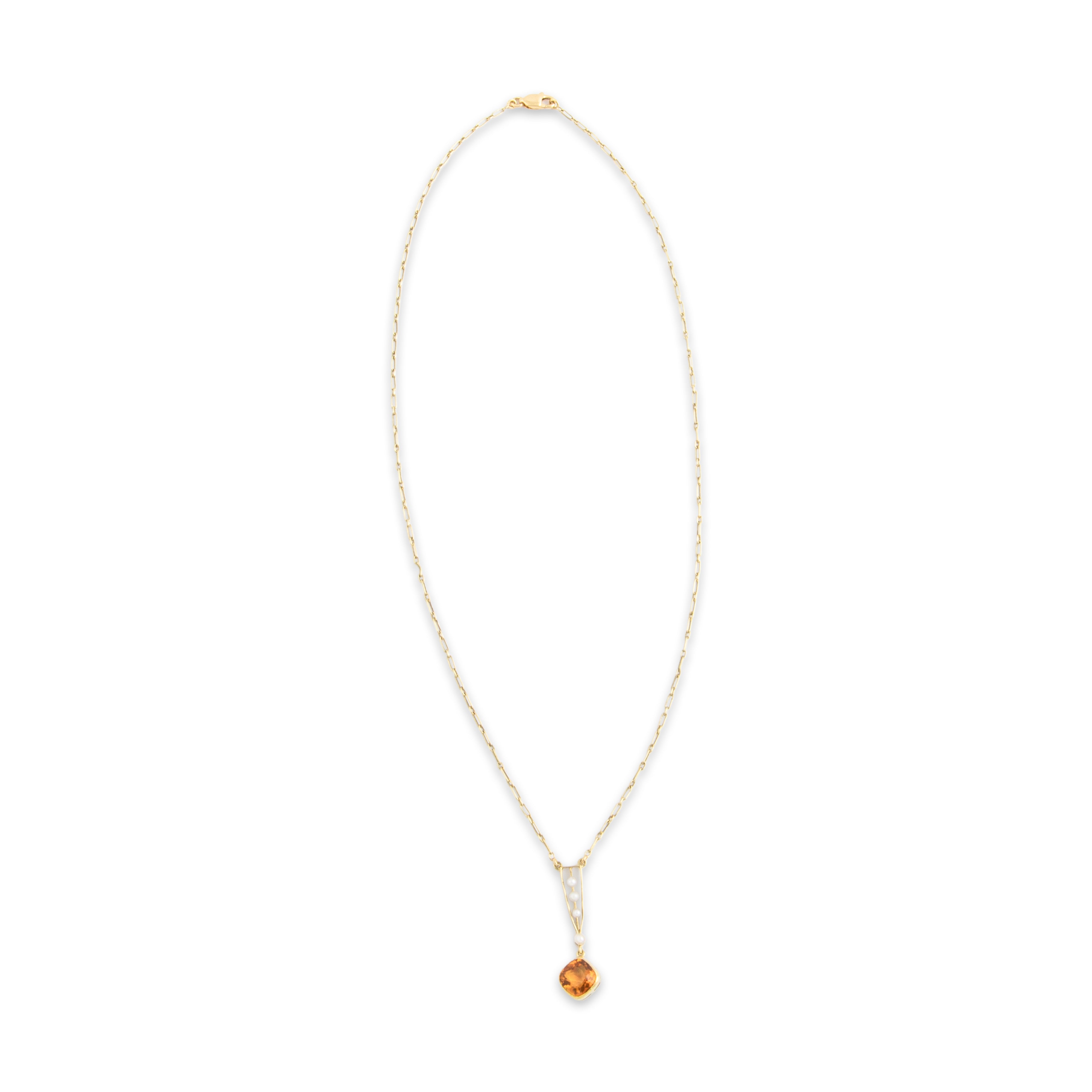 Antique Art Nouveau 14k Yellow Gold 1.15ct Citrine Pearl Dainty Elongated Lavalier Drop Necklace - Overall view