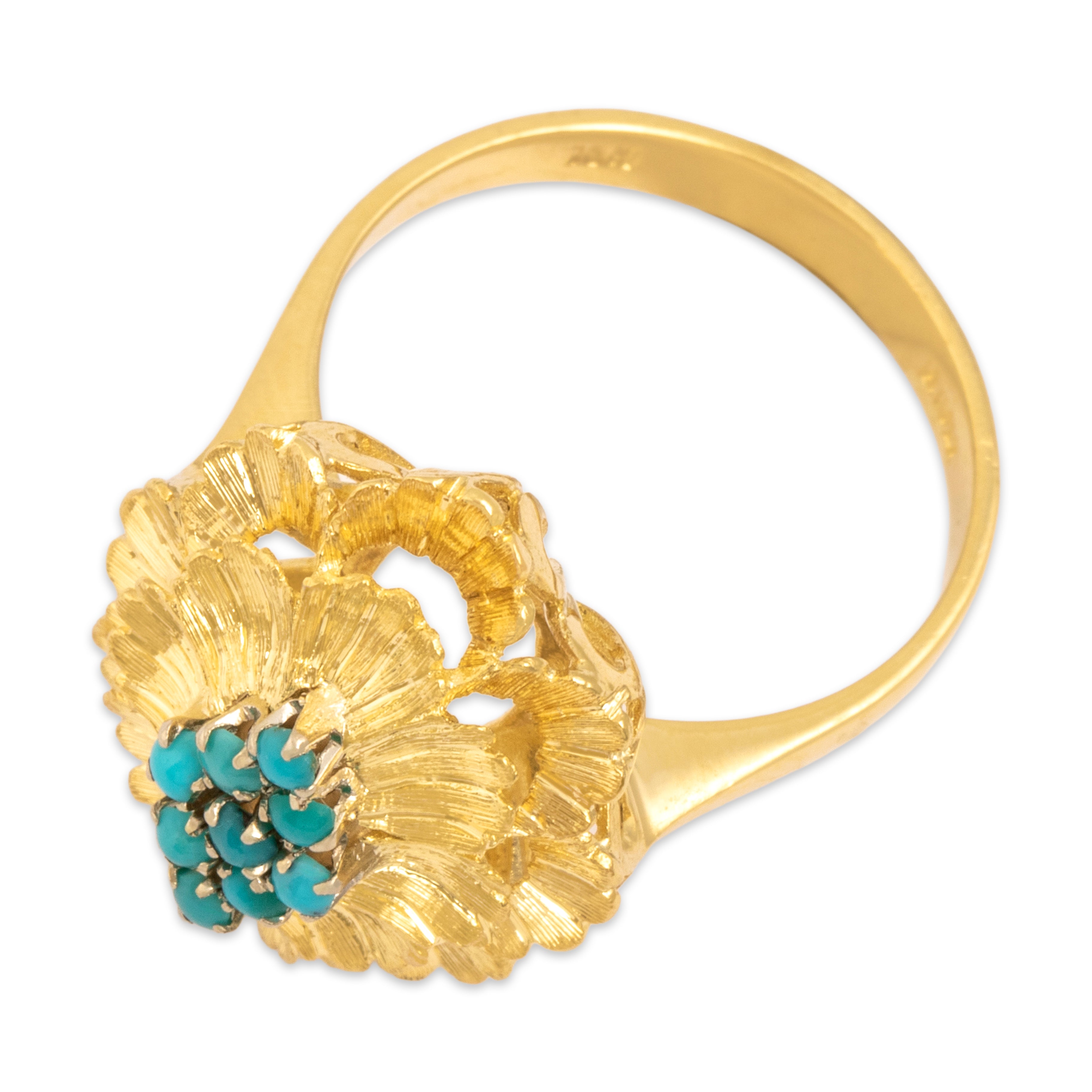 Vintage Italian 18k Yellow Gold Turquoise Florentine Finish Engraved Scalloped Petals Ring - Overall view
