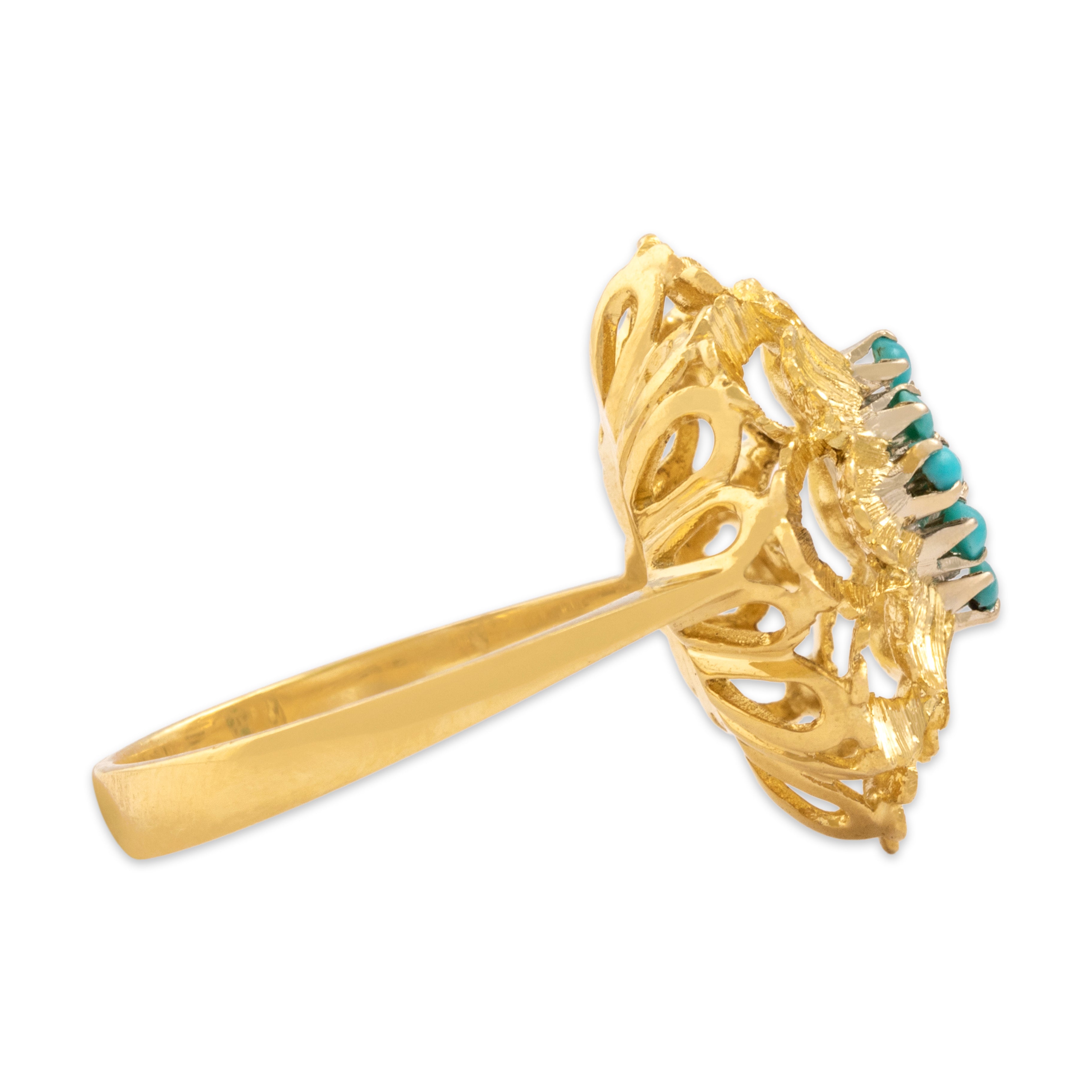 Vintage Italian 18k Yellow Gold Turquoise Florentine Finish Engraved Scalloped Petals Ring - Side view