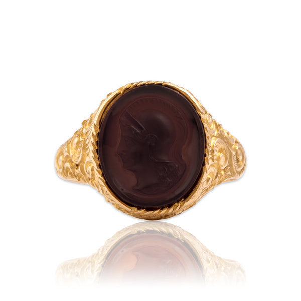 Vintage 10k Yellow Gold Carnelian Carved Accent Soldier Cameo Signet Ring 9.75