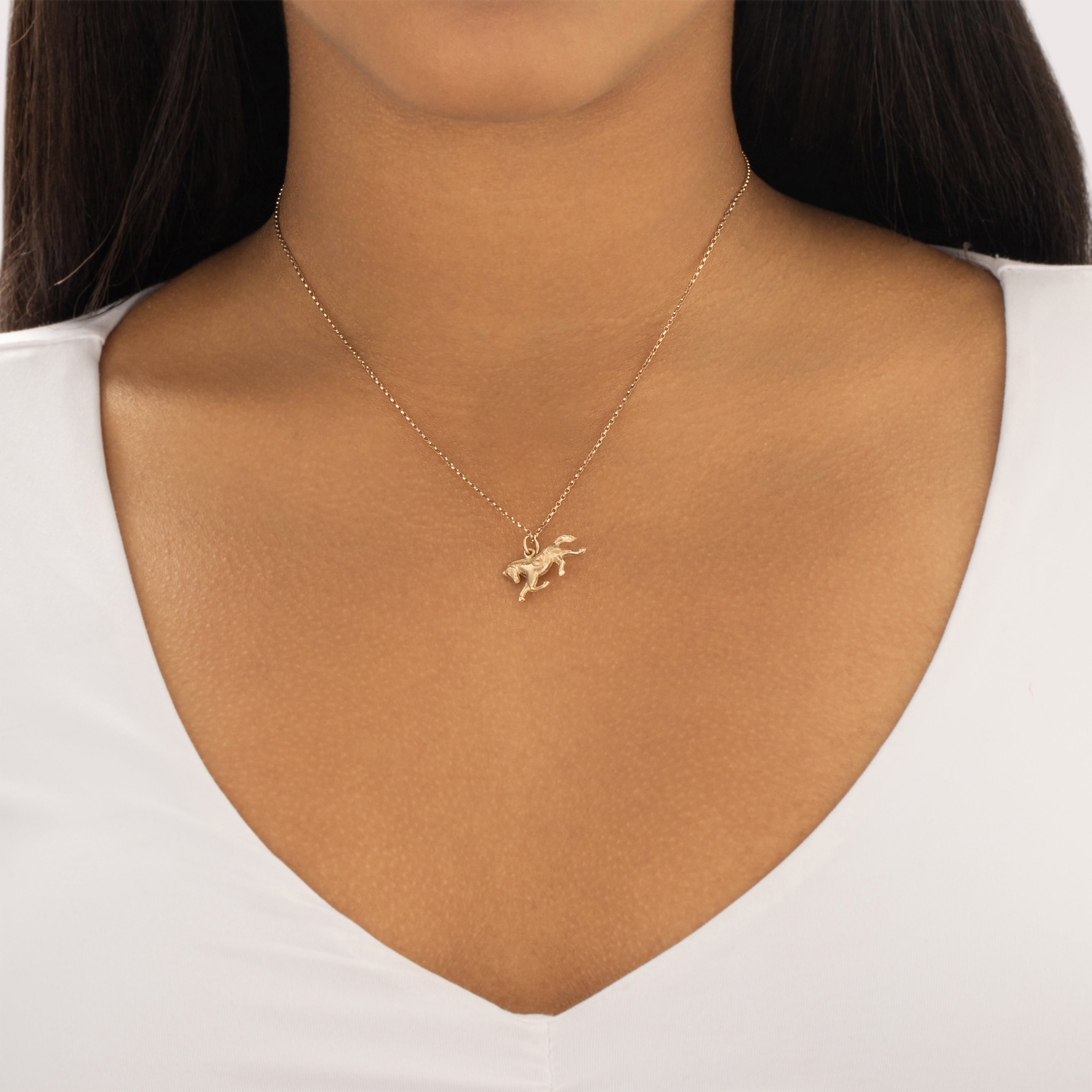 Vintage 14k Yellow Gold Equestrian Trotting Horse Charm / Pendant - On model view