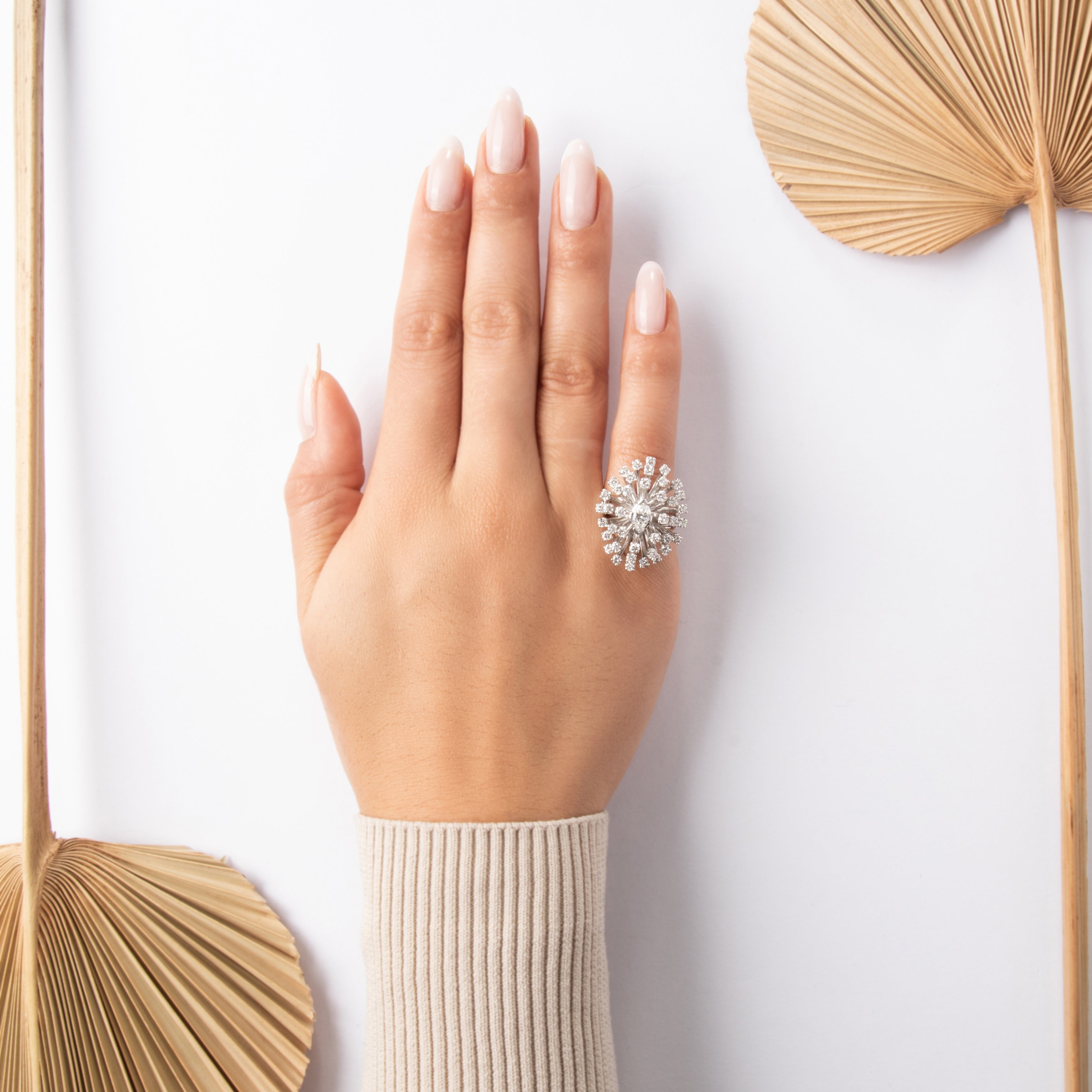 Vintage 14k White Gold 1.9cttw Diamond Incredible Marquise Bursting Firework Ring - On model view