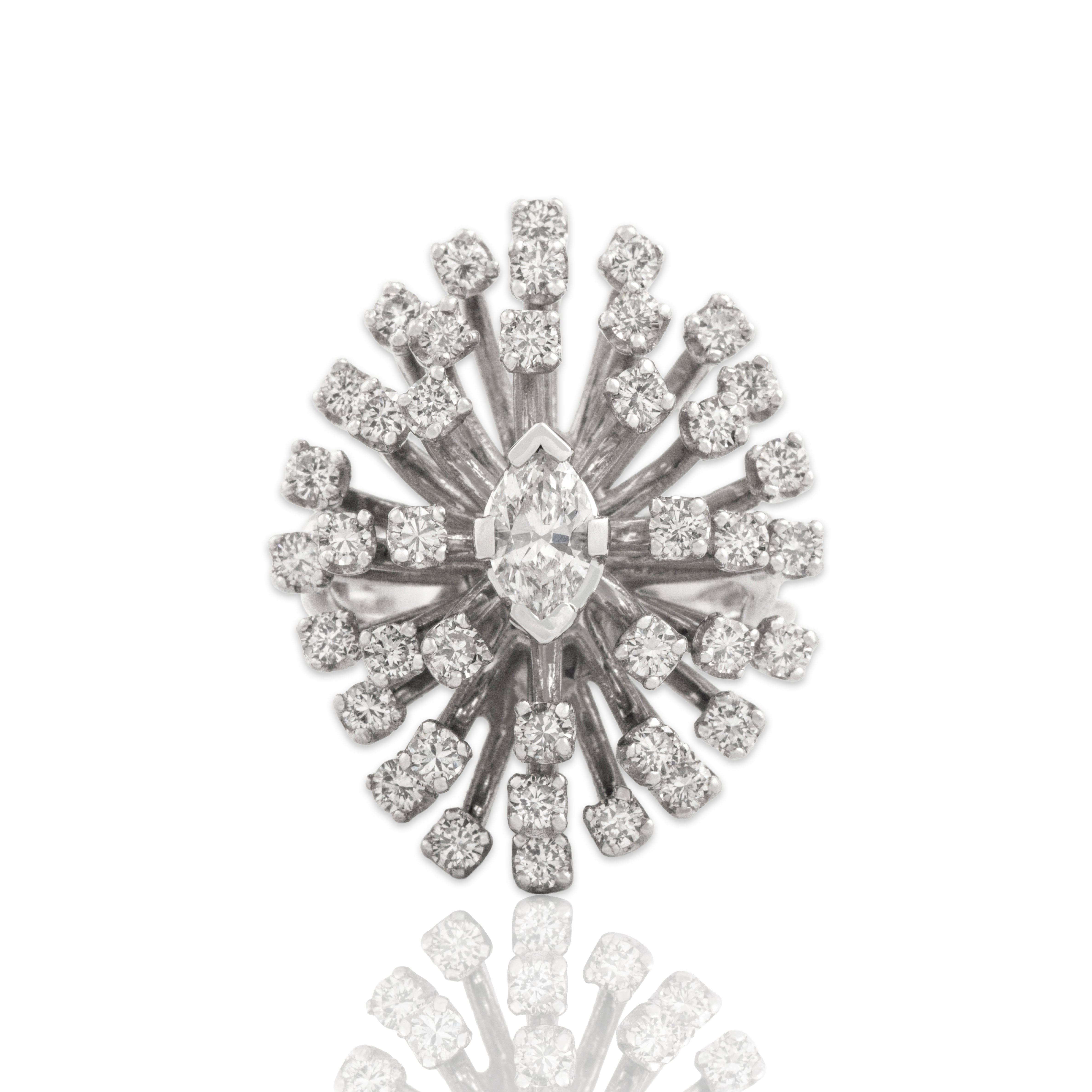 Vintage 14k White Gold 1.9cttw Diamond Incredible Marquise Bursting Firework Ring - Close-up view