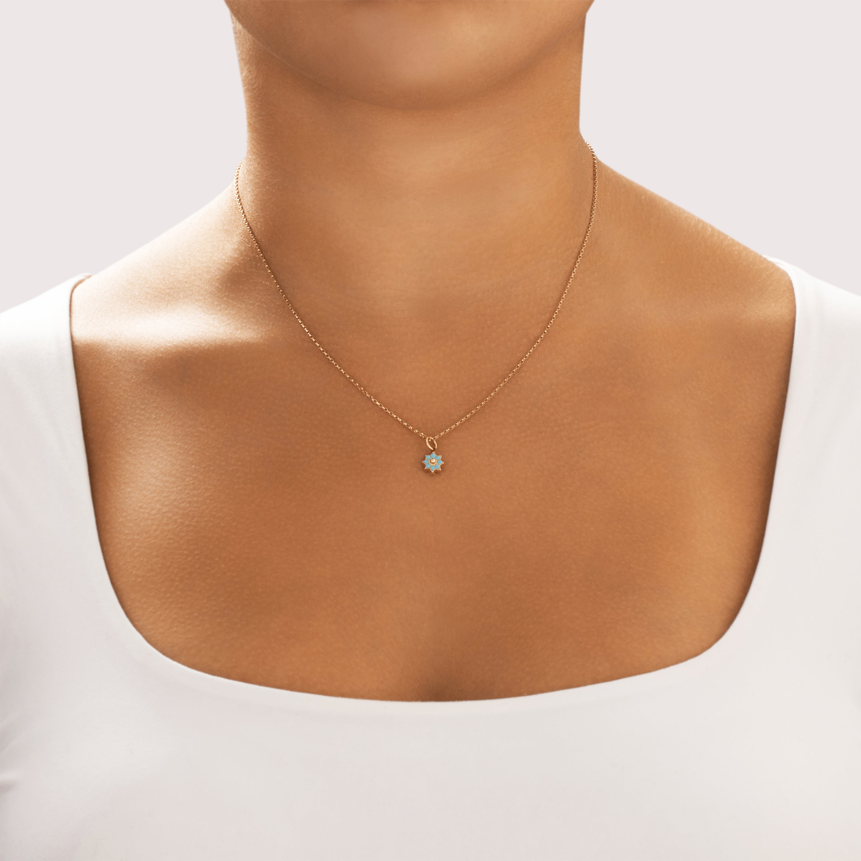 Vintage 18k Yellow Gold Delicate Light Blue Enamel Flower Charm / Pendant - On model view