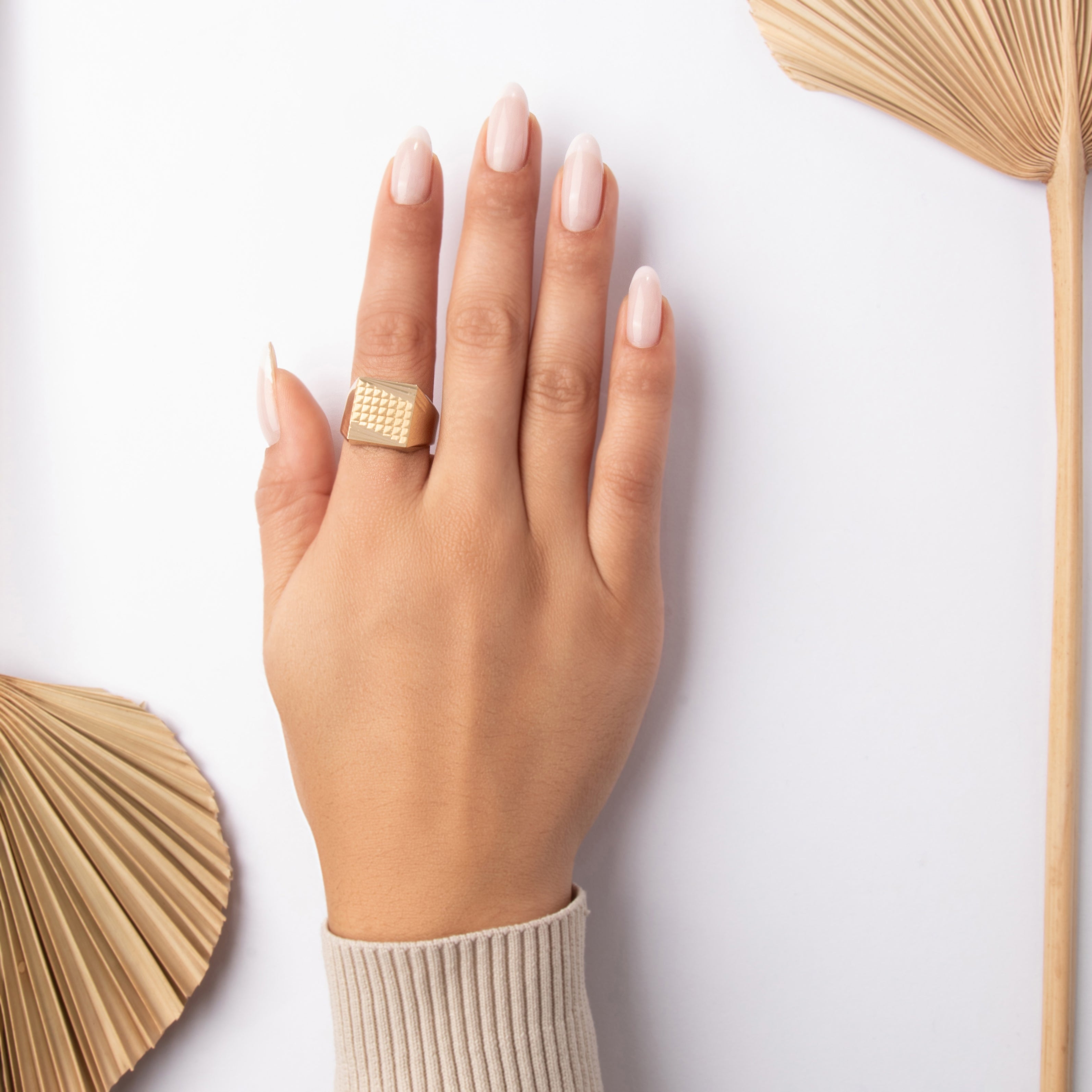 Vintage 14k Yellow Gold Geometric Faceted Pyramid Signet Ring - On model view