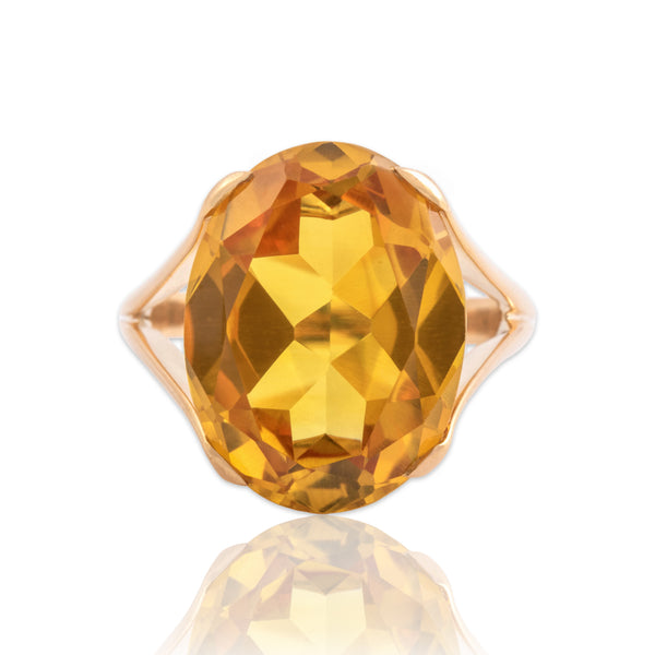 Vintage Portuguese 19k Rosy Yellow Gold 9.88ct Yellow Synthetic Sapphire Bold Oversized Oval Cocktail Ring - Close-up view