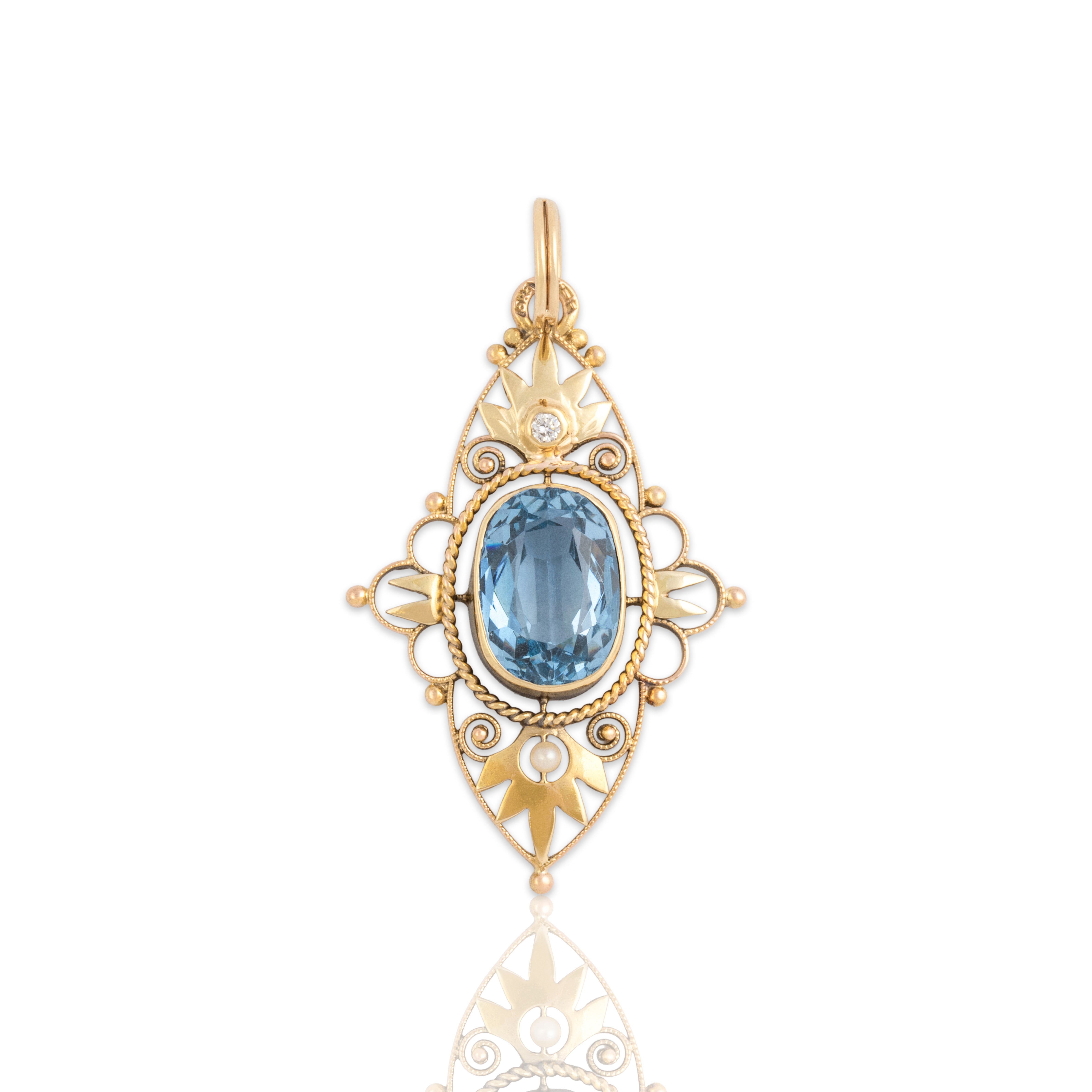 Vintage 14k Yellow Gold 3.76ct Light Blue Synthetic Spinel Natural Diamond Seed Pearl Open Filigree Pendant - Close-up view