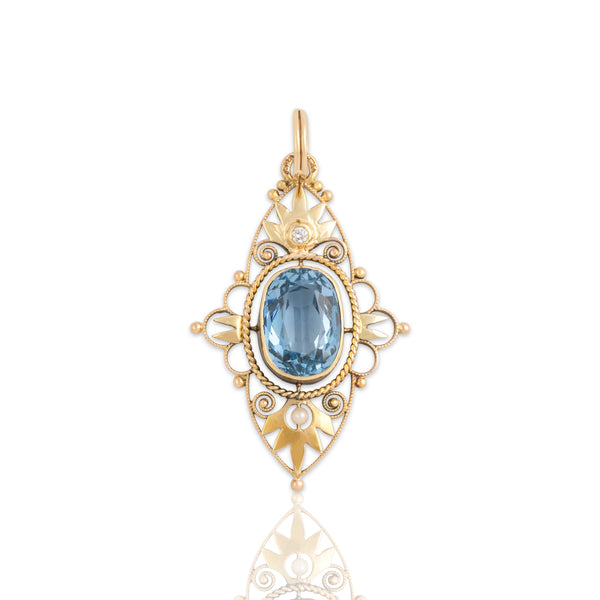 Vintage 14k Yellow Gold 3.76ct Blue Synthetic Spinel Natural Diamond Pearl Pendant