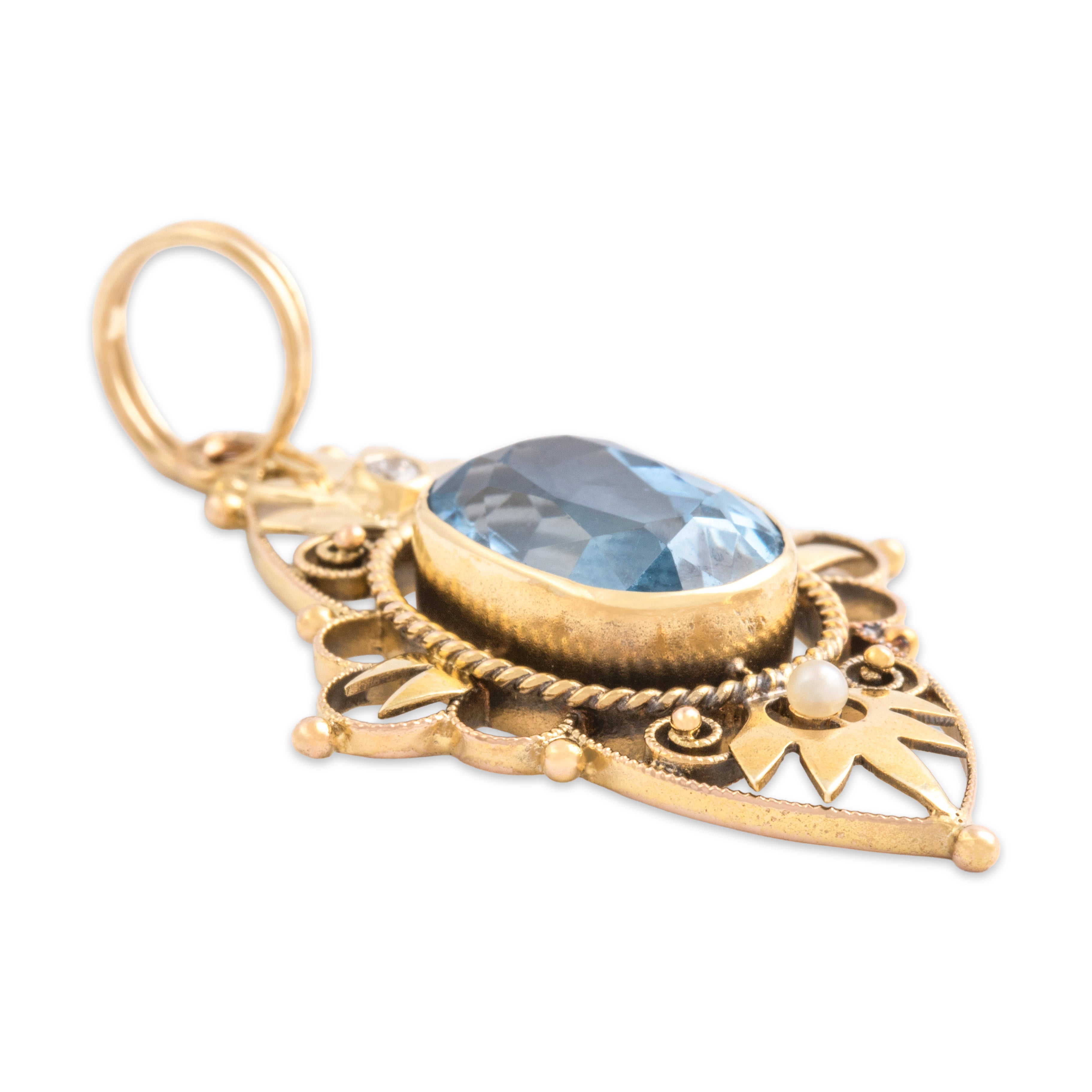 Vintage 14k Yellow Gold 3.76ct Light Blue Synthetic Spinel Natural Diamond Seed Pearl Open Filigree Pendant - Side view