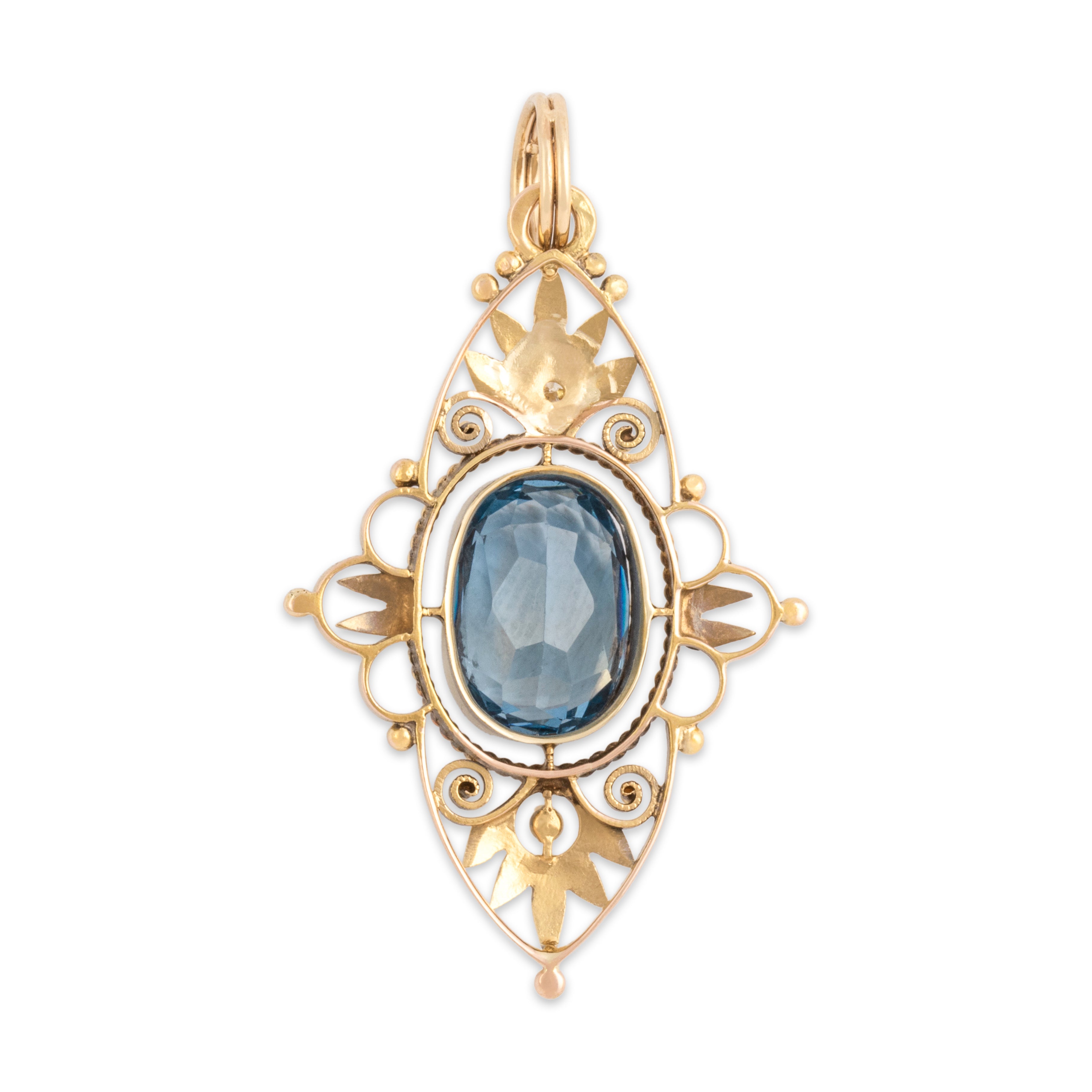 Vintage 14k Yellow Gold 3.76ct Light Blue Synthetic Spinel Natural Diamond Seed Pearl Open Filigree Pendant - Back view