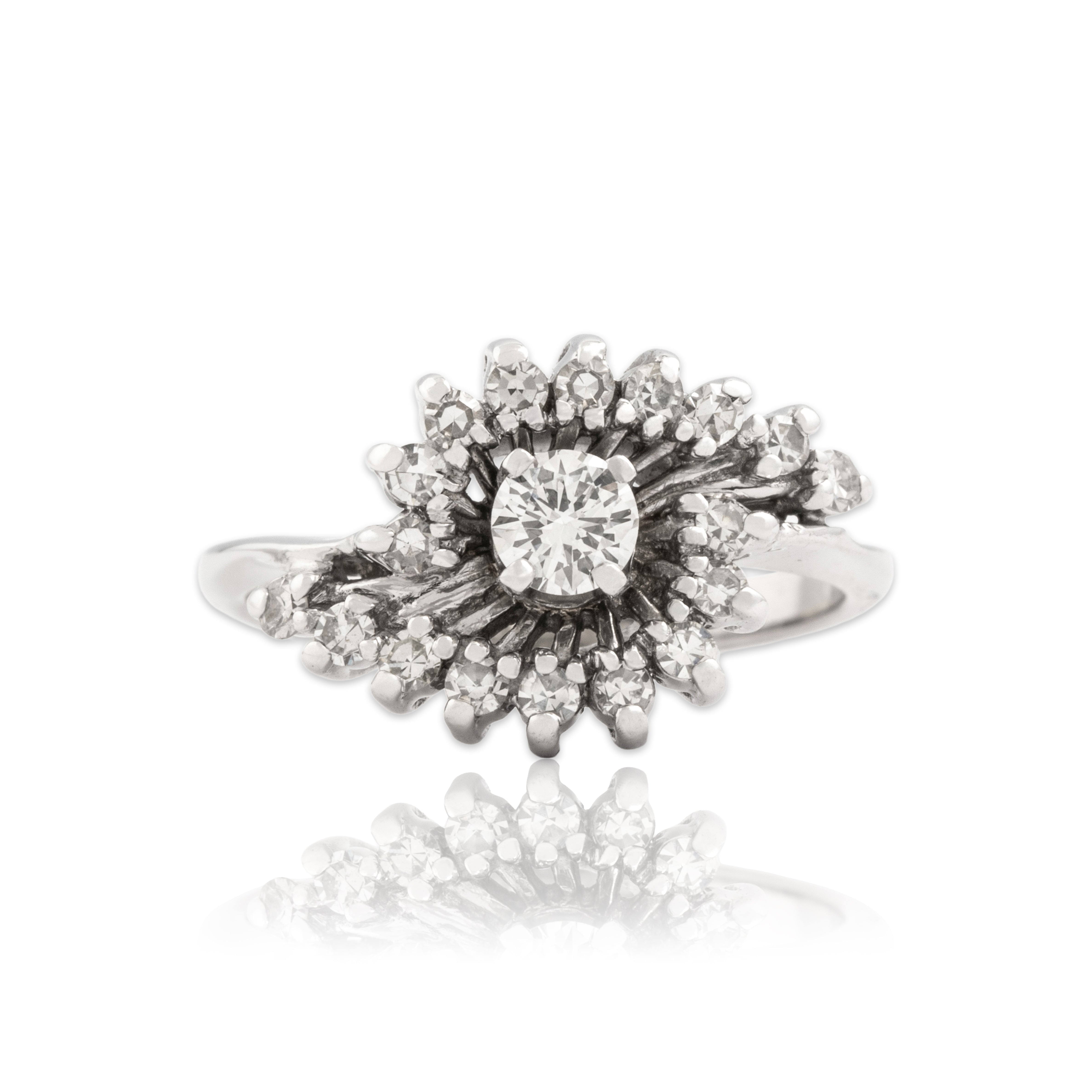 Vintage 14k White Gold Diamond Cosmic Burst Swish Ring - Close-up view