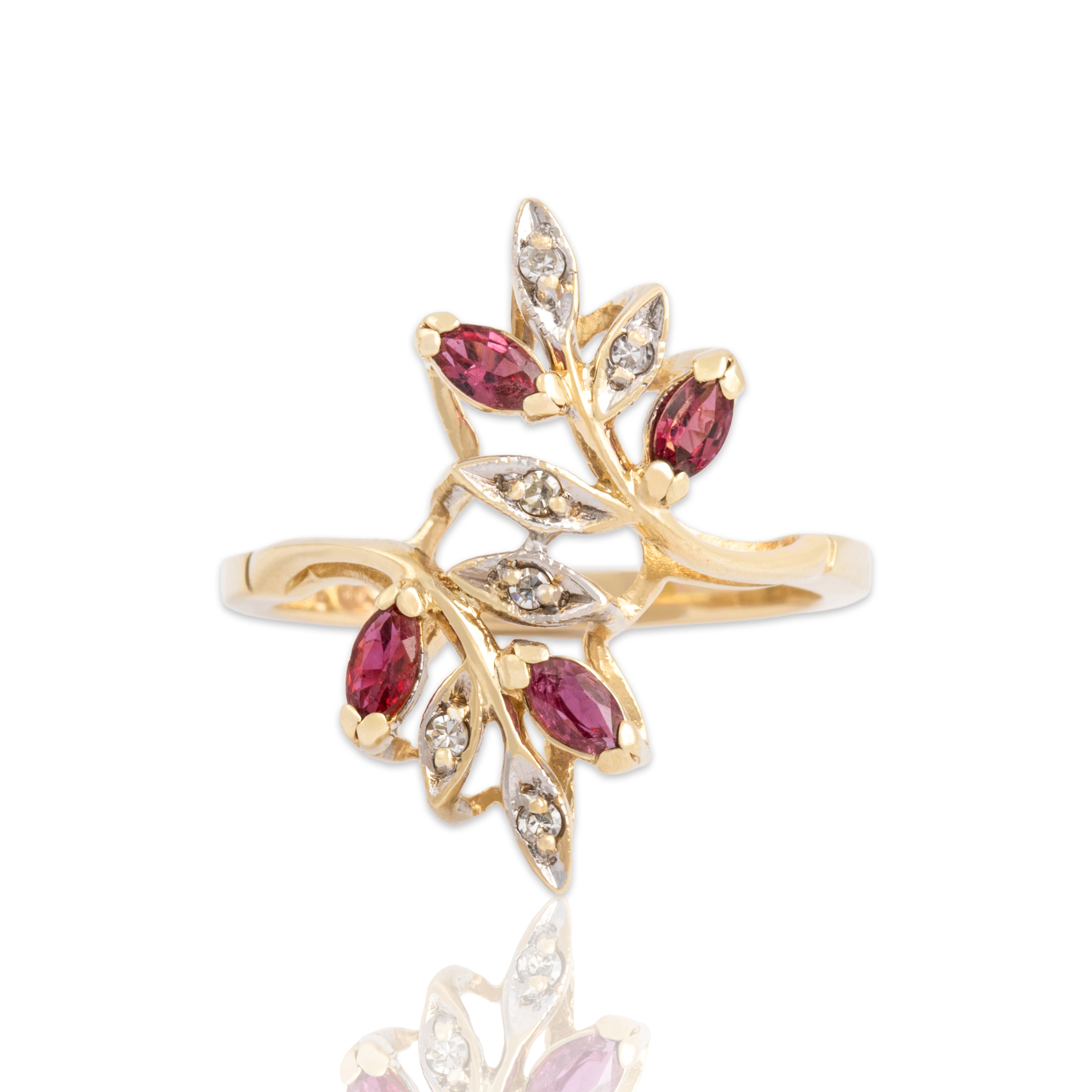 Vintage 10k Yellow Gold Ruby Diamond Leaf Bypass Ring 6.50