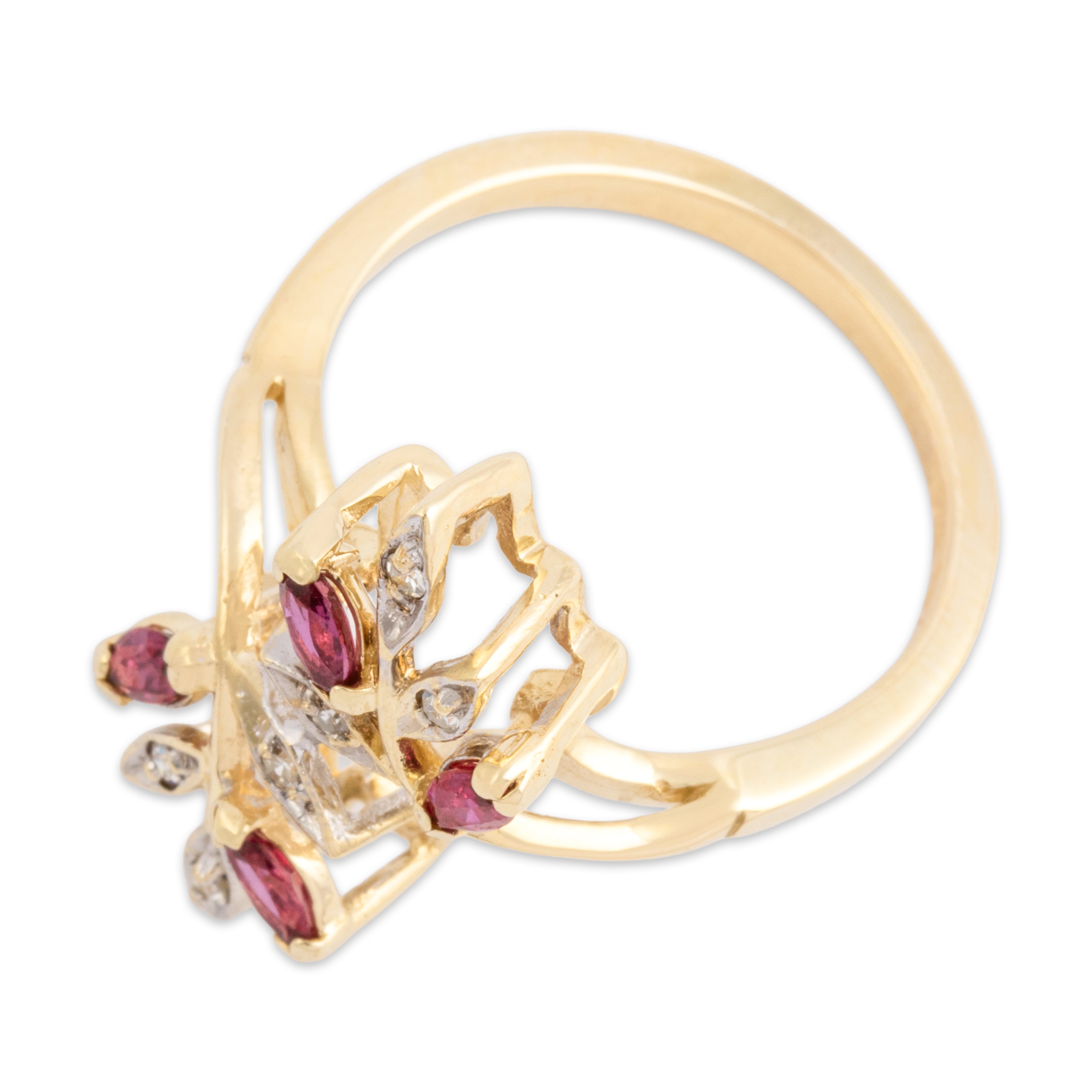 Vintage 10k Yellow Gold Ruby Diamond Leaf Bypass Ring - Overall view