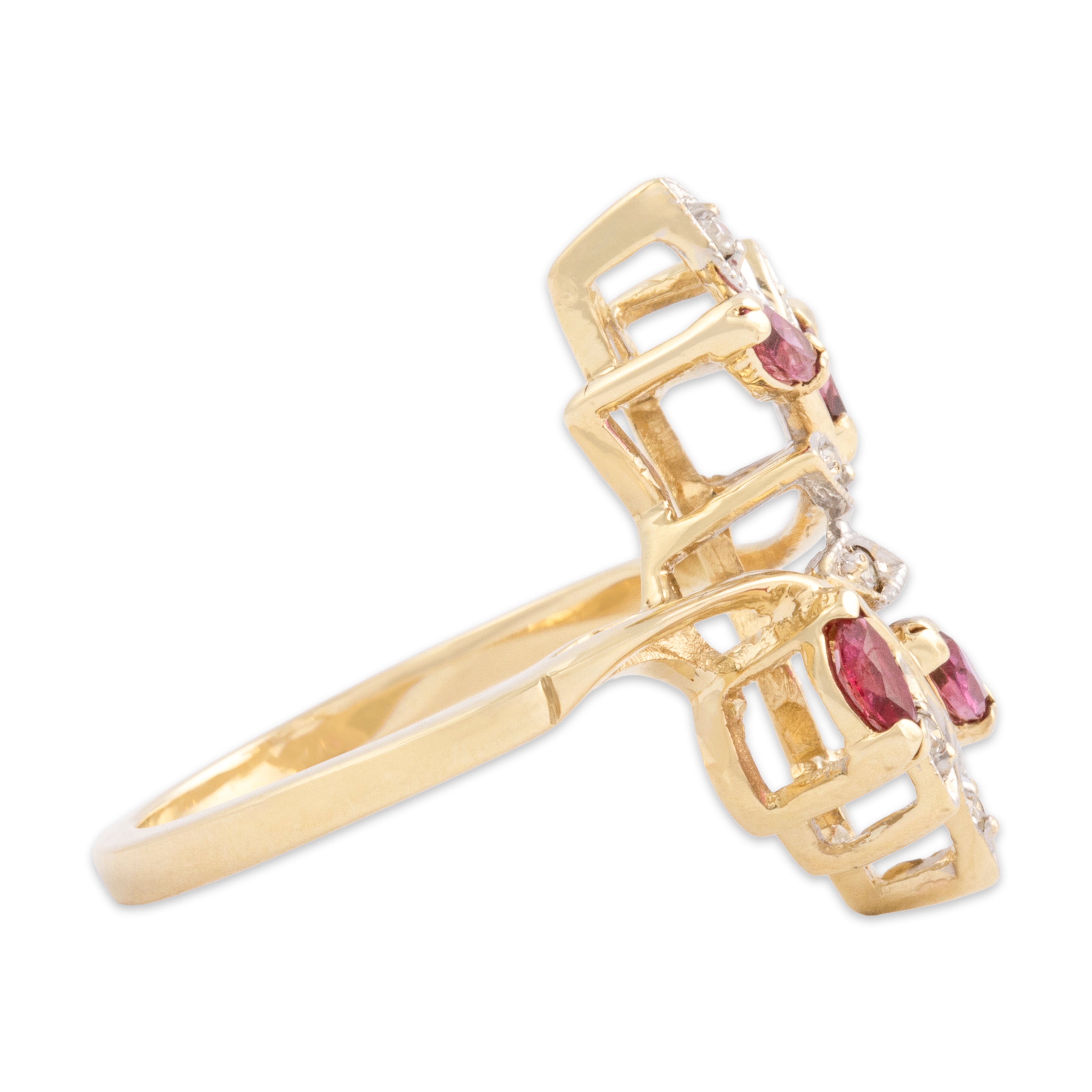 Vintage 10k Yellow Gold Ruby Diamond Leaf Bypass Ring - Side view