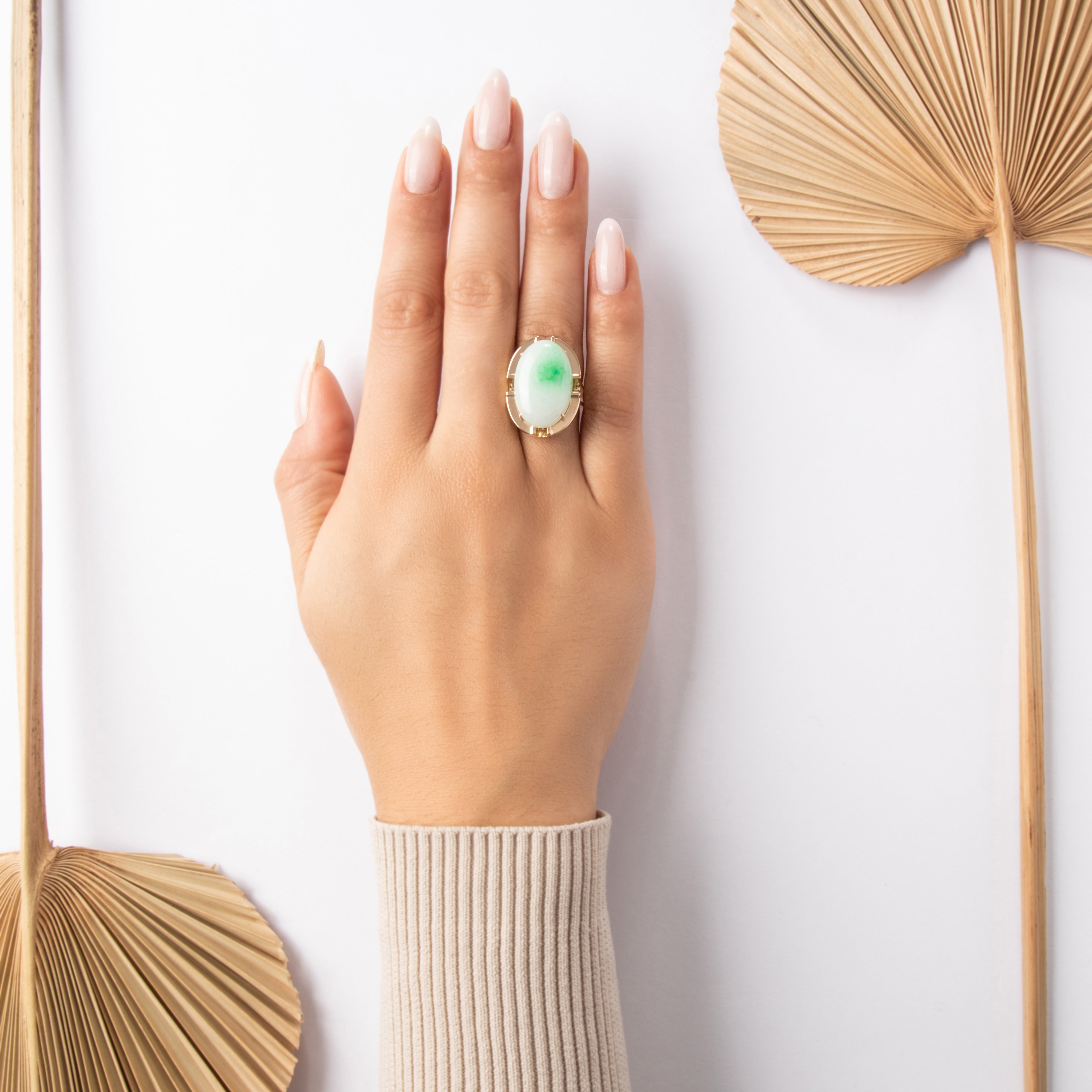 Vintage 14k Yellow Gold 18.68ct Jade Bold Geometric-Set Cabochon Cocktail Ring - On model view