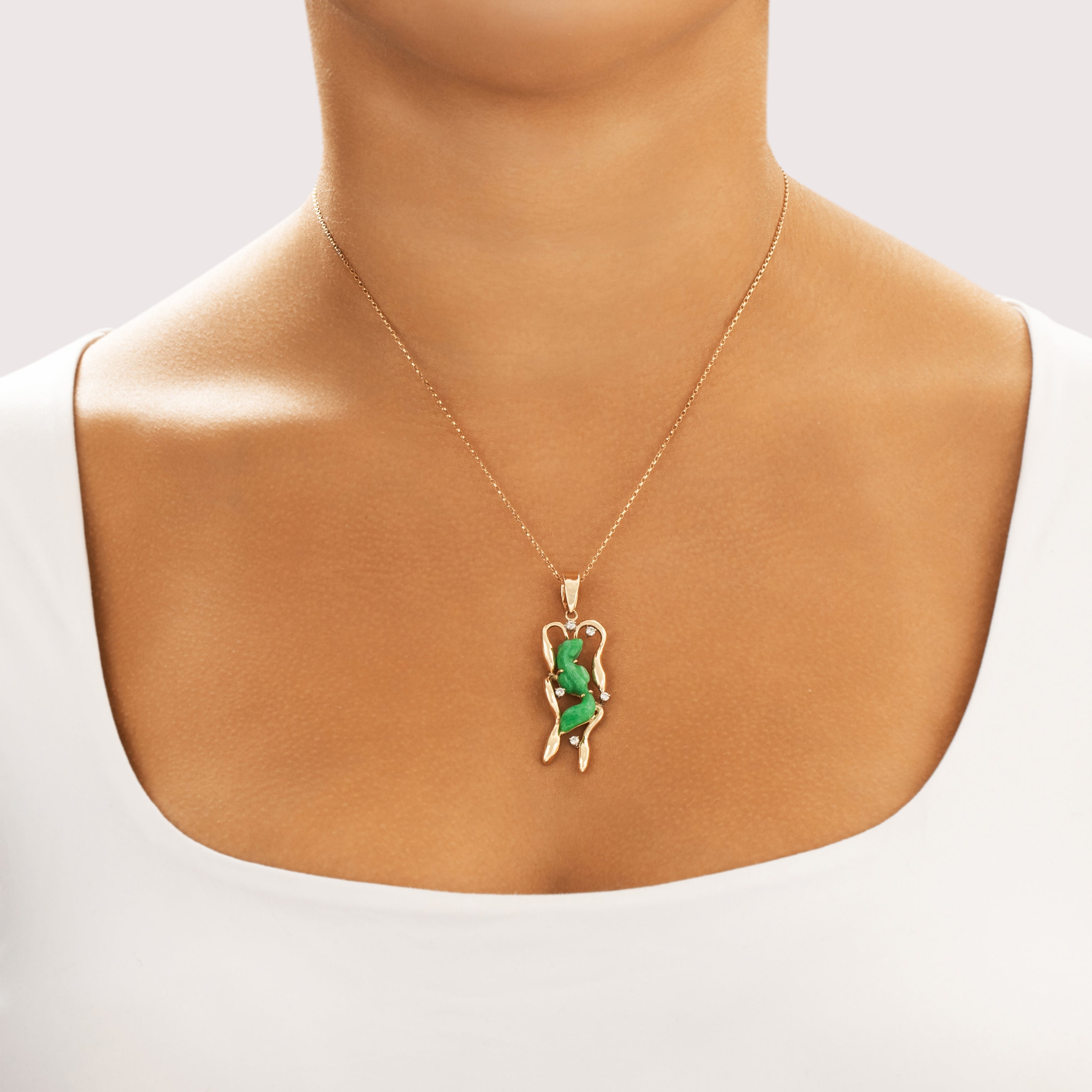 Vintage 14k Yellow Gold Jade Diamond Artistic Playful Squirrel Pendant - On model view