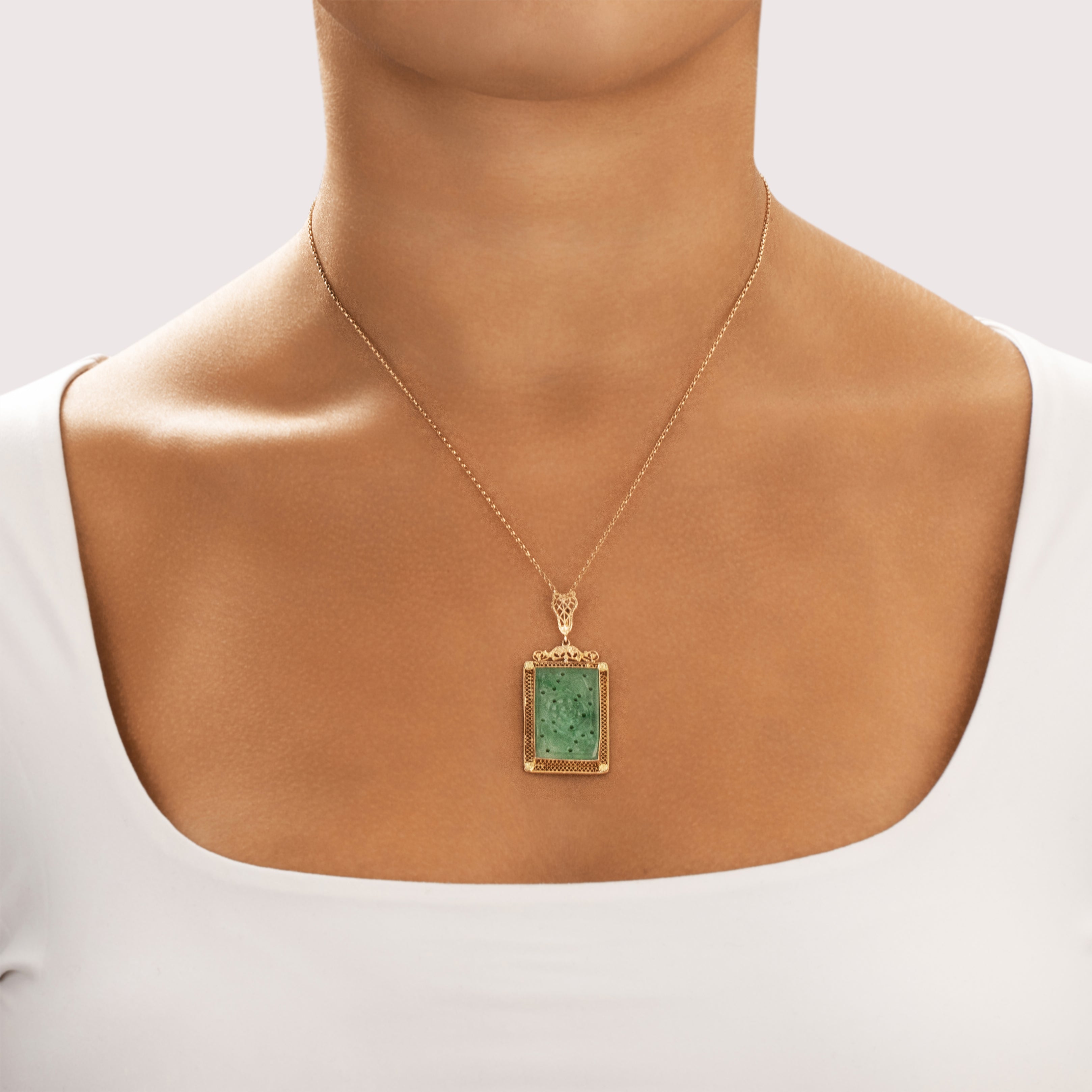 Antique 14k Yellow Gold Jade Floral Filigree Frame Pendant - On model view