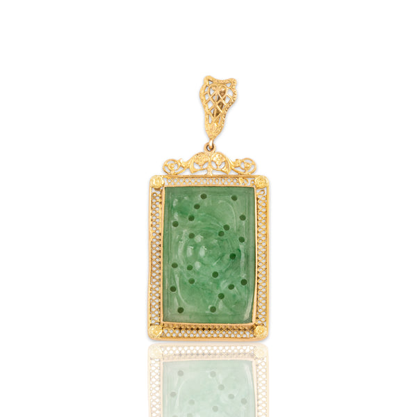 Antique 14k Yellow Gold Jade Floral Filigree Frame Pendant