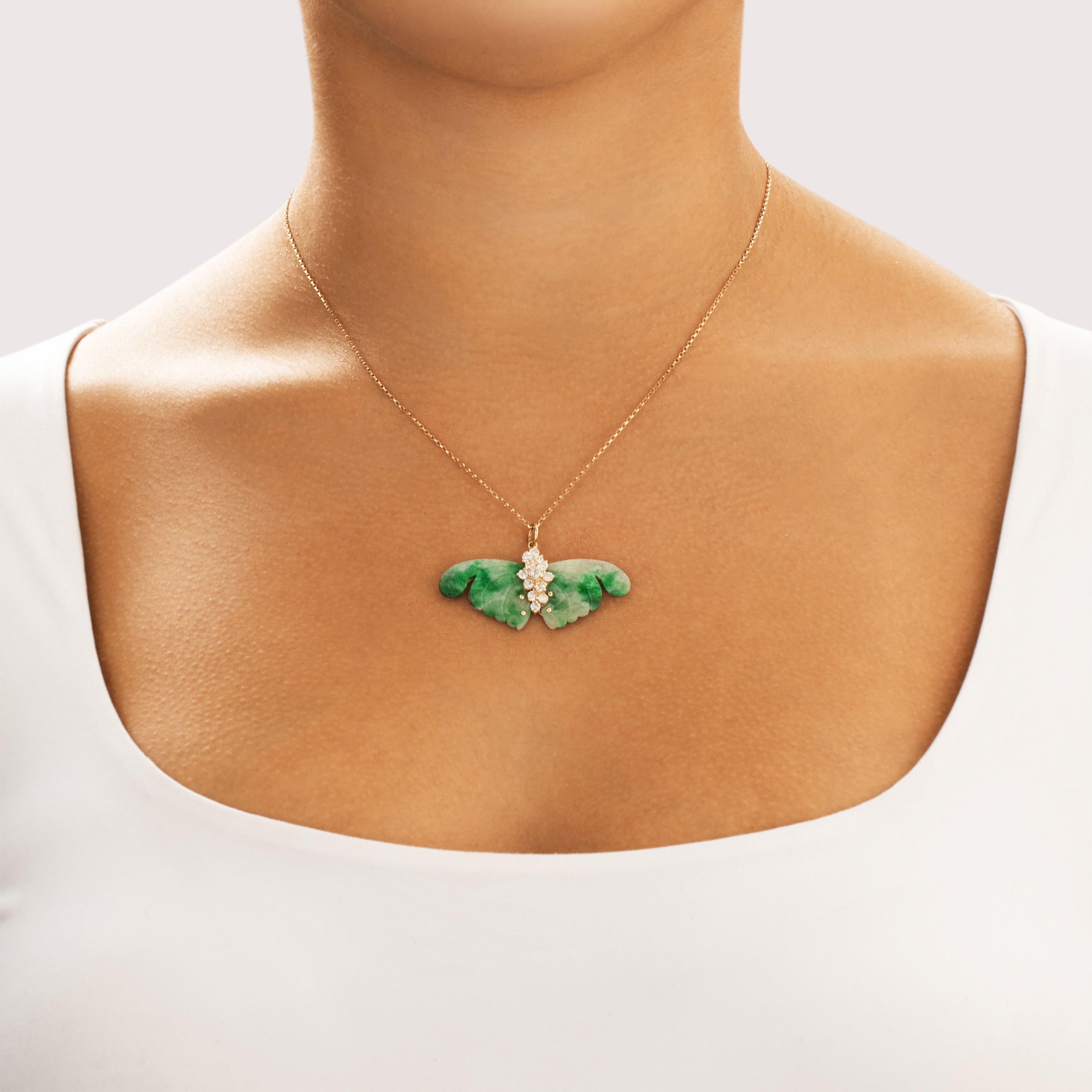 Vintage Large 14k Yellow Gold Jade .83cttw Diamond Glittering Moth Pendant - On model view