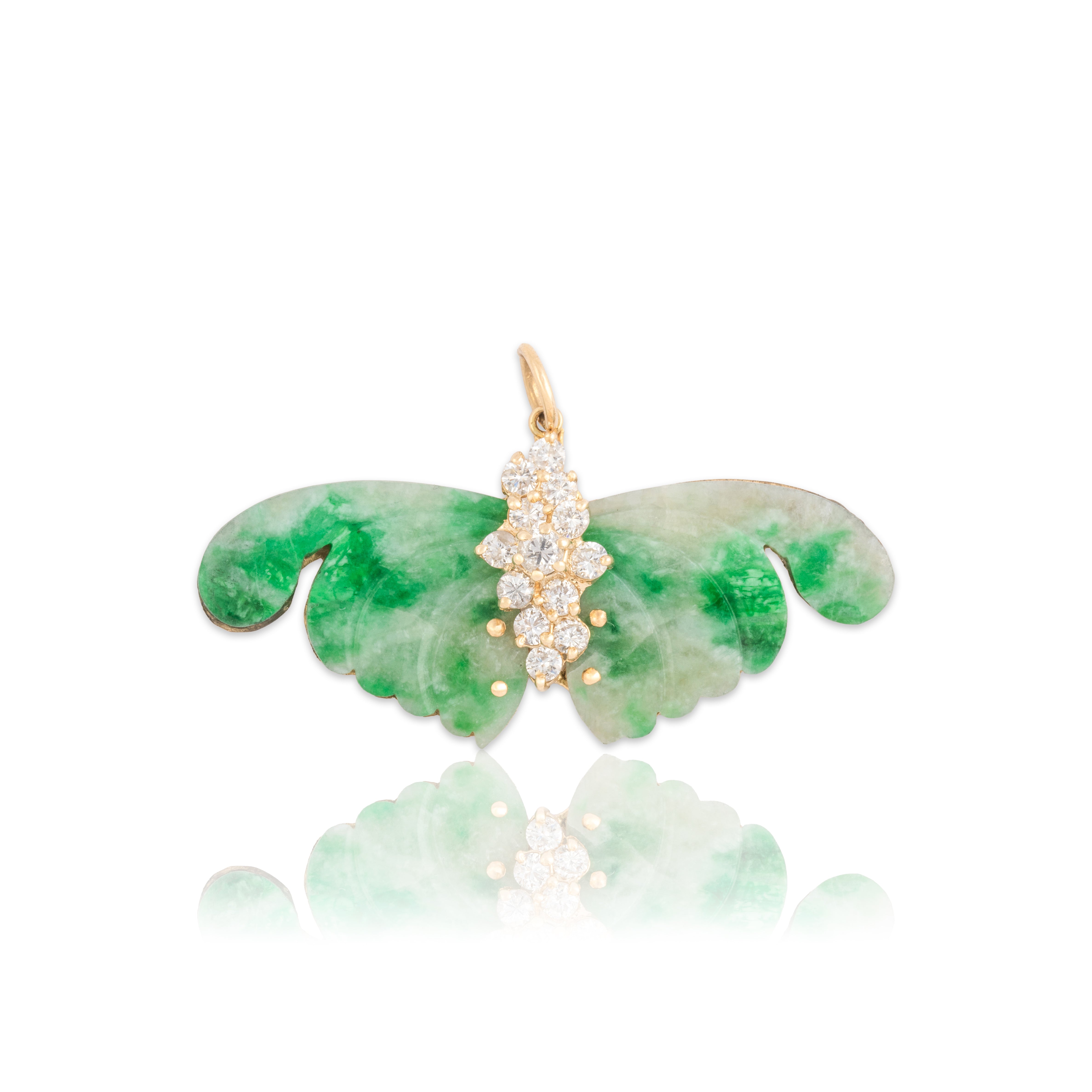 Vintage Large 14k Yellow Gold Jade .83cttw Diamond Glittering Moth Pendant - Close-up view
