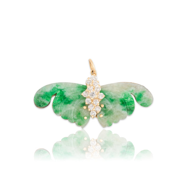 Vintage Large 14k Yellow Gold Jade .83cttw Diamond Glittering Moth Pendant - Close-up view