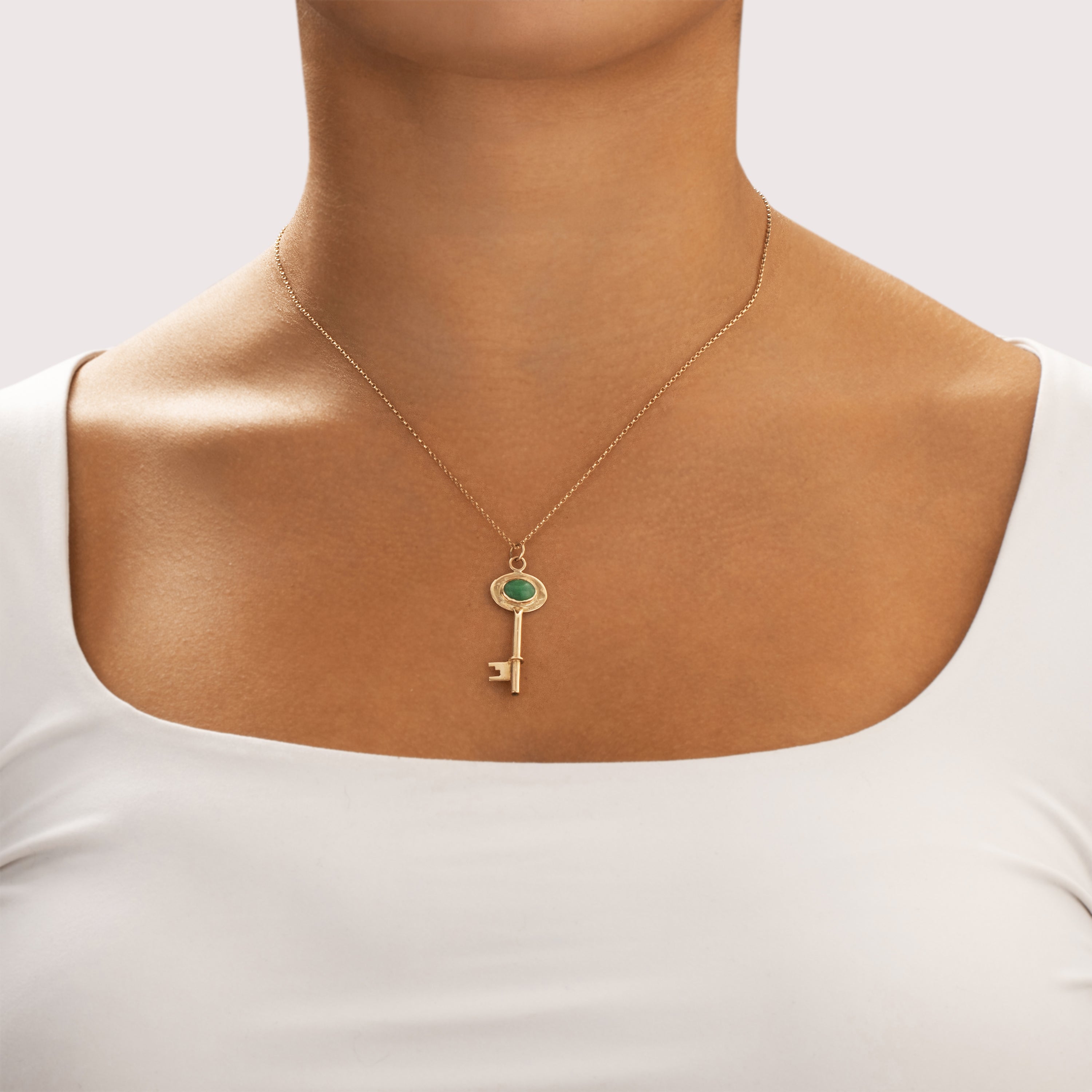 Vintage 14k Rosy Yellow Gold 1.34ct Jade Lucky Key Charm / Pendant - On model view