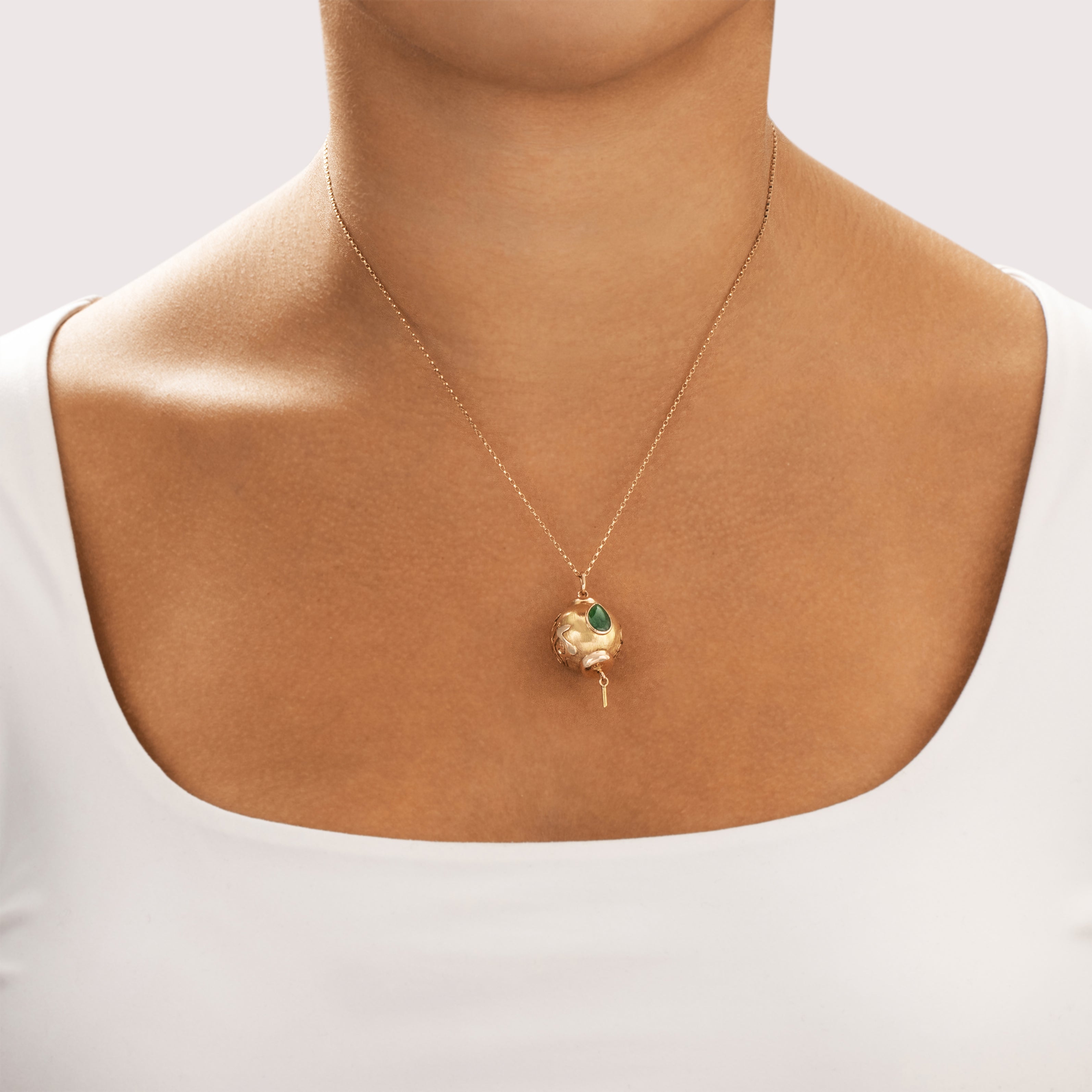 Vintage 14k Yellow & Rose Gold Jade Textured Patterned Lantern Bauble Charm / Pendant - On model view