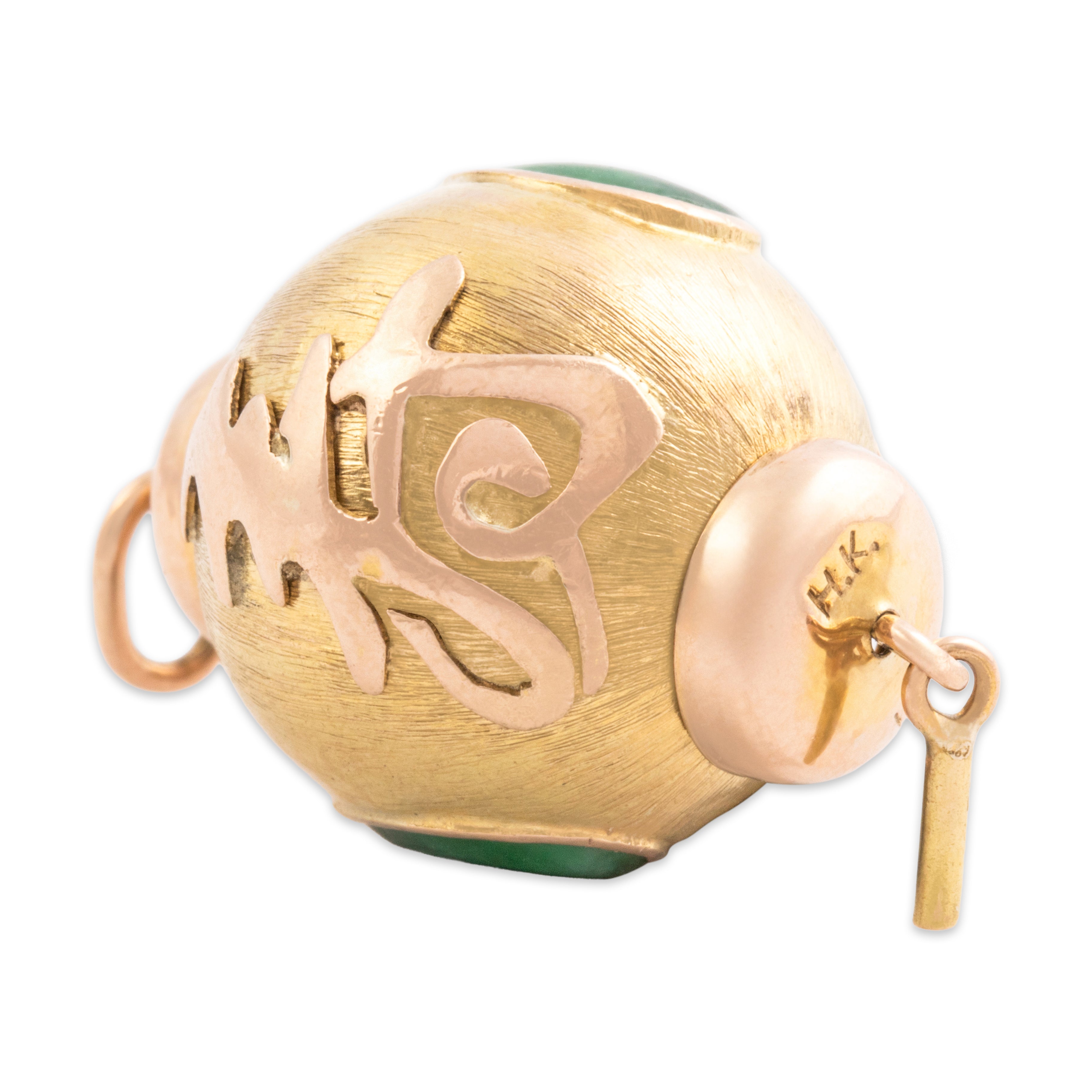 Vintage 14k Yellow & Rose Gold Jade Textured Patterned Lantern Bauble Charm / Pendant - Side view
