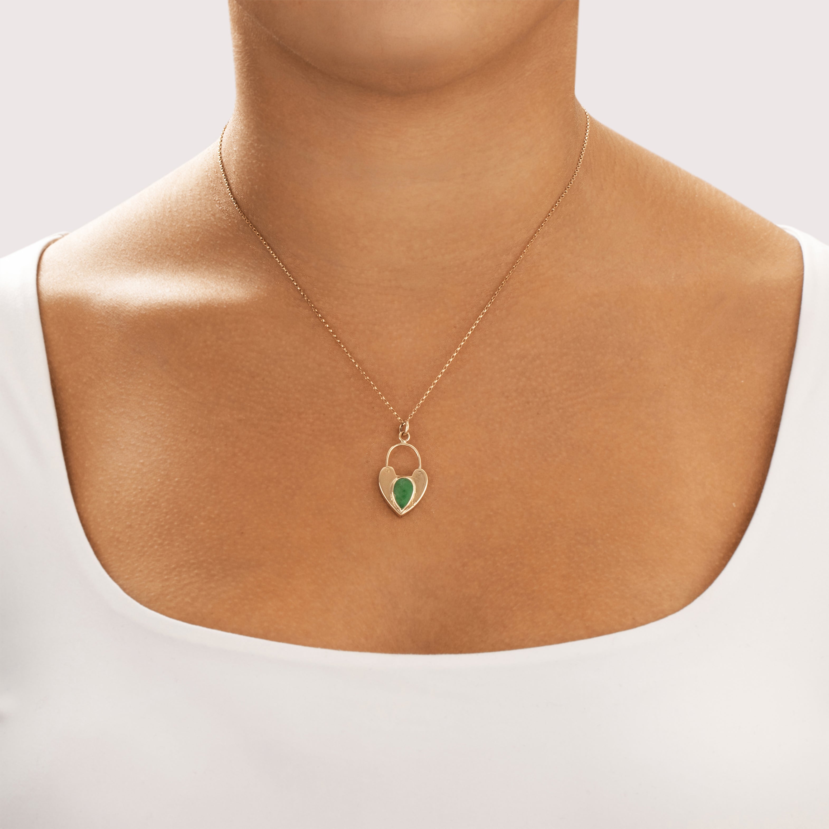 Vintage 14k Rosy Yellow Gold .72ct Jade Chunky Heart Faux Padlock Charm / Pendant - On model view