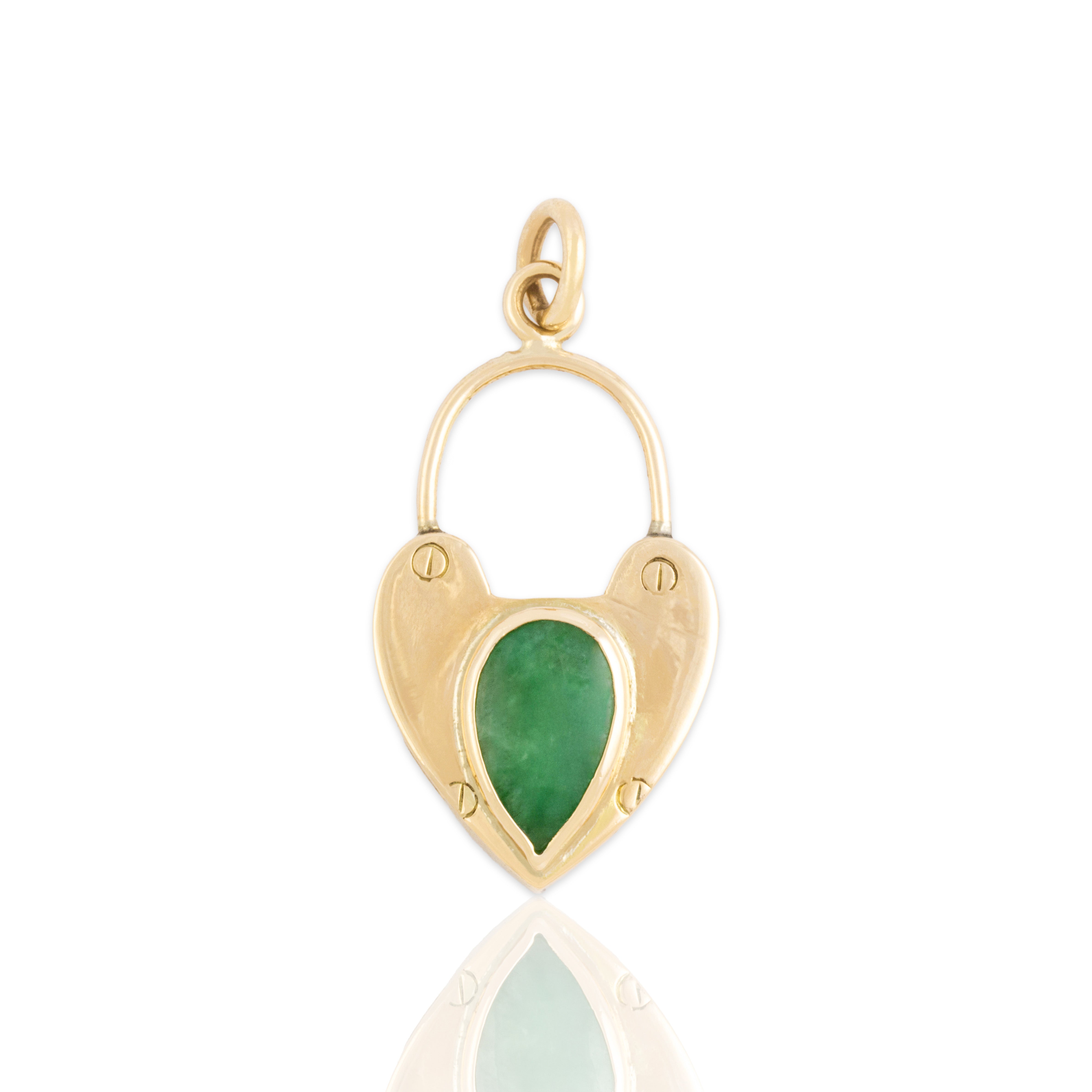 Vintage 14k Rosy Yellow Gold .72ct Jade Chunky Heart Faux Padlock Charm / Pendant