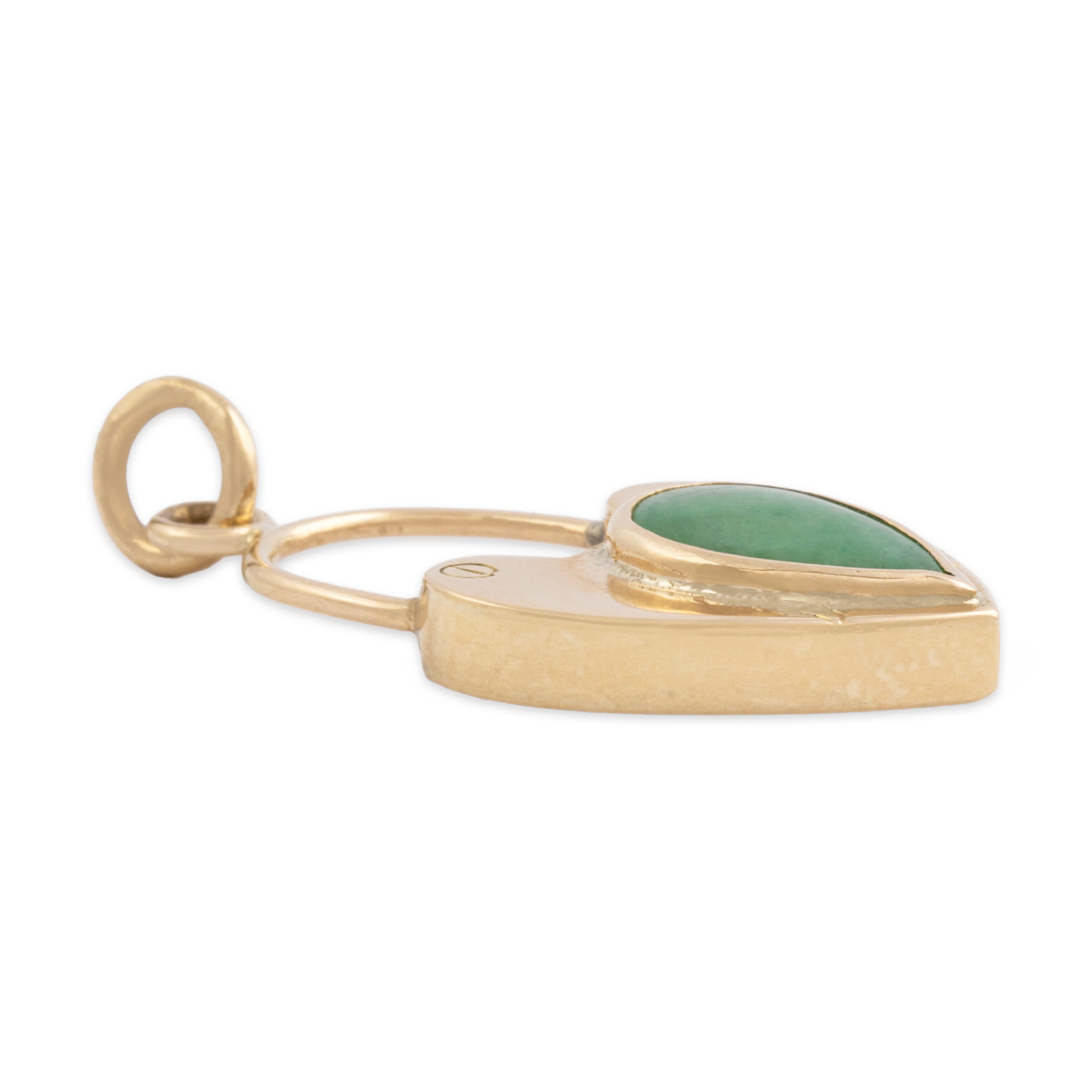 Vintage 14k Rosy Yellow Gold .72ct Jade Chunky Heart Faux Padlock Charm / Pendant