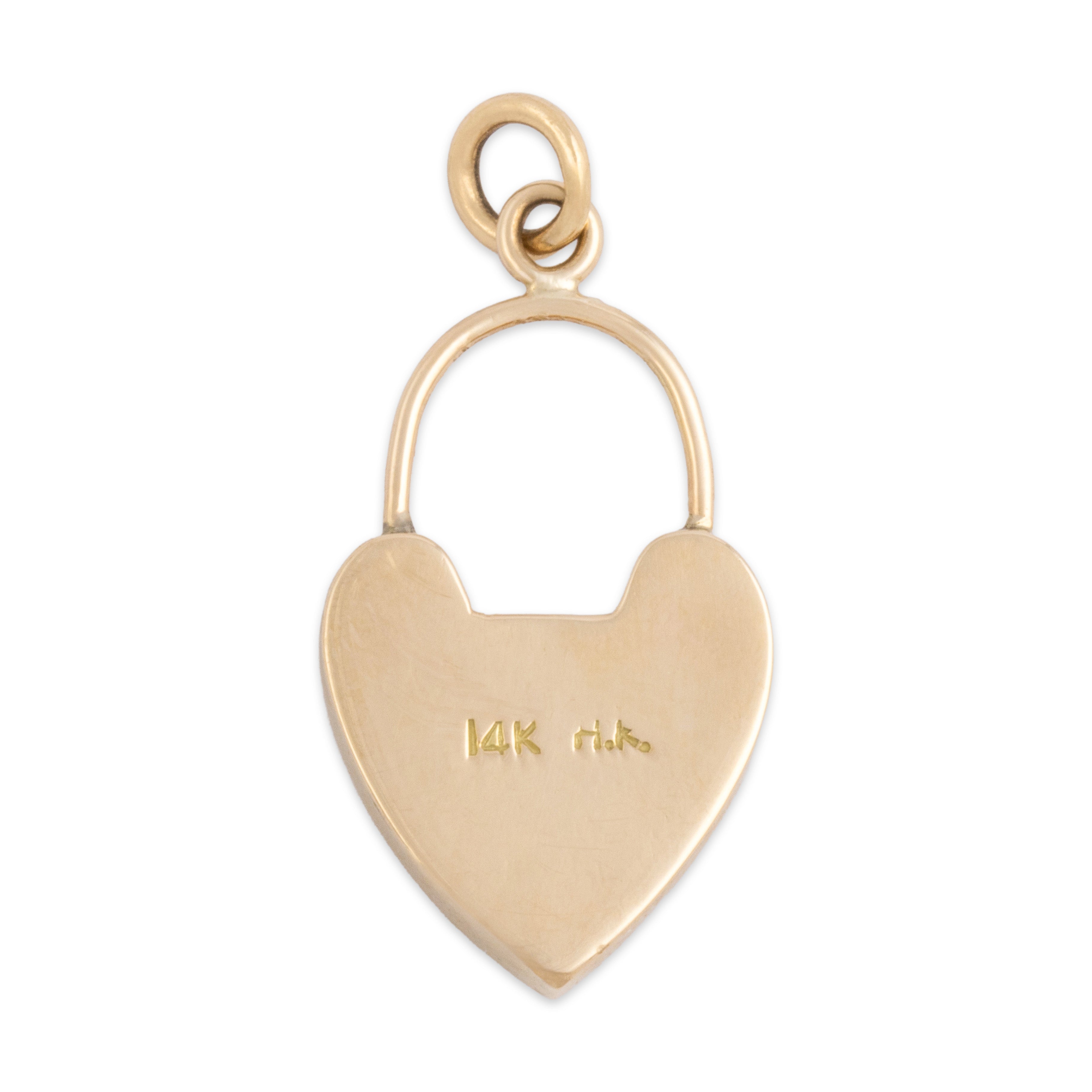 Vintage 14k Rosy Yellow Gold .72ct Jade Chunky Heart Faux Padlock Charm / Pendant