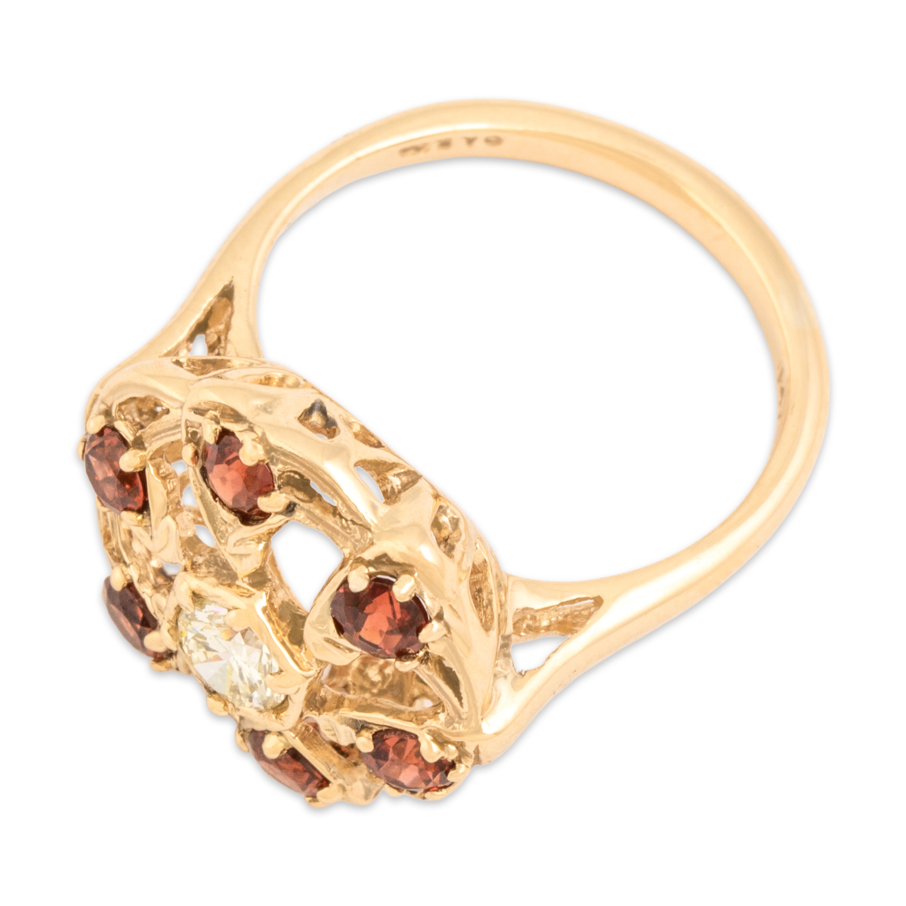 Vintage 14k Yellow Gold .69cttw Garnet Diamond Flowing Pinwheel Ring - Overall view