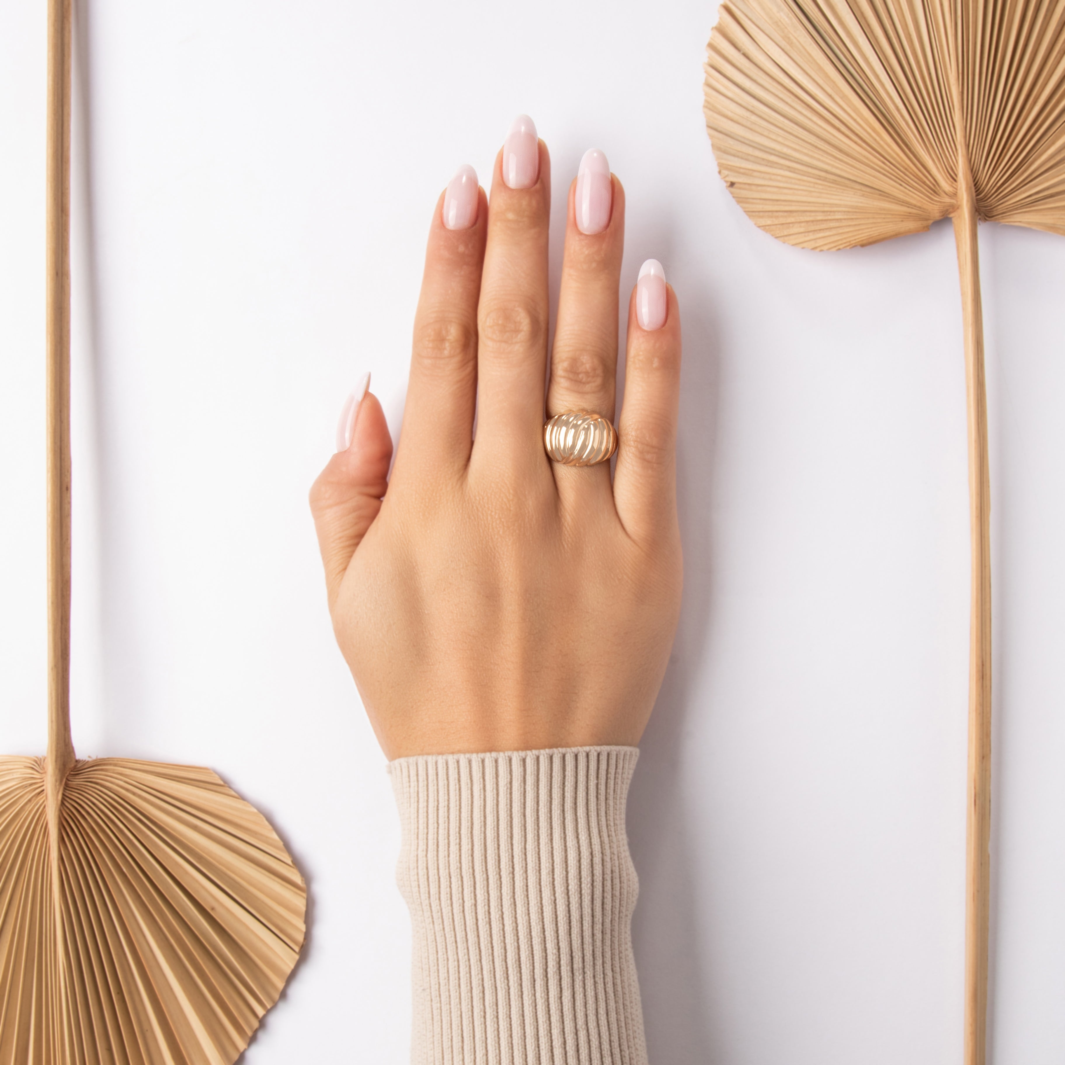 Vintage 14k Yellow Gold Tall Ribbed Dome Band Ring - On model view