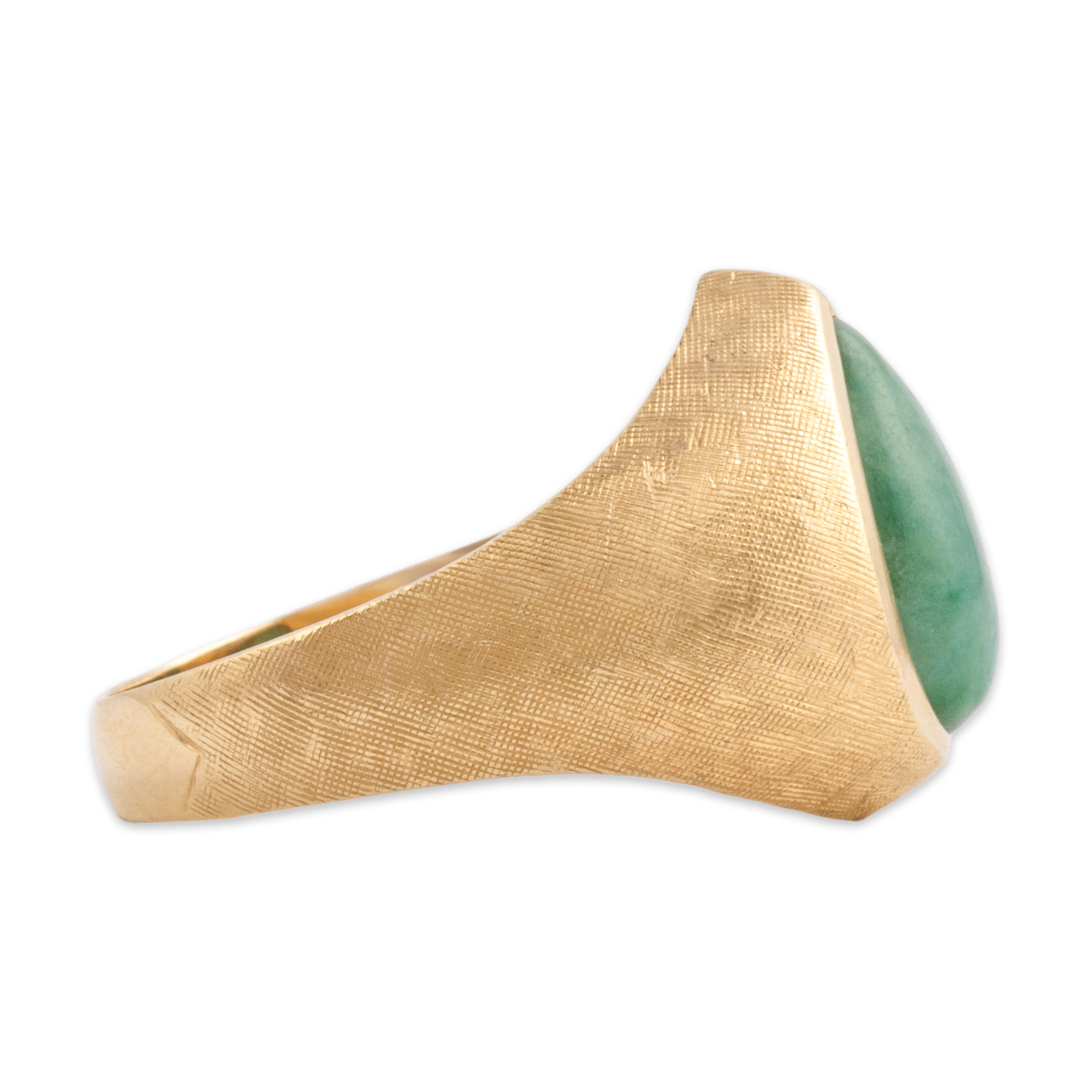 Vintage 14k Yellow Gold 2.44ct Jade Bold Etched Pear Cabochon Ring - Side view