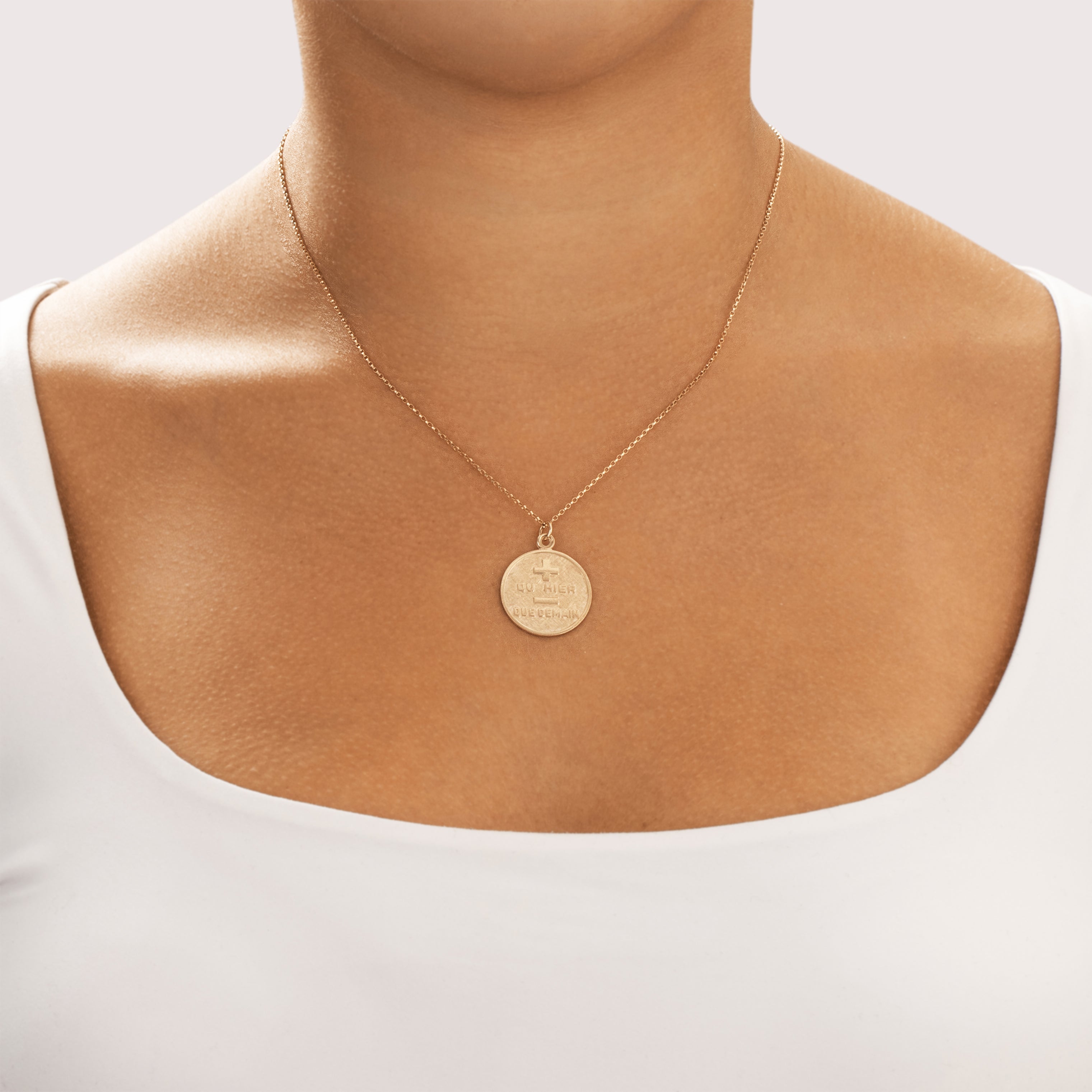 Vintage 14k Yellow Gold Qu'hier Que Demain Medallion Charm / Pendant - On model view