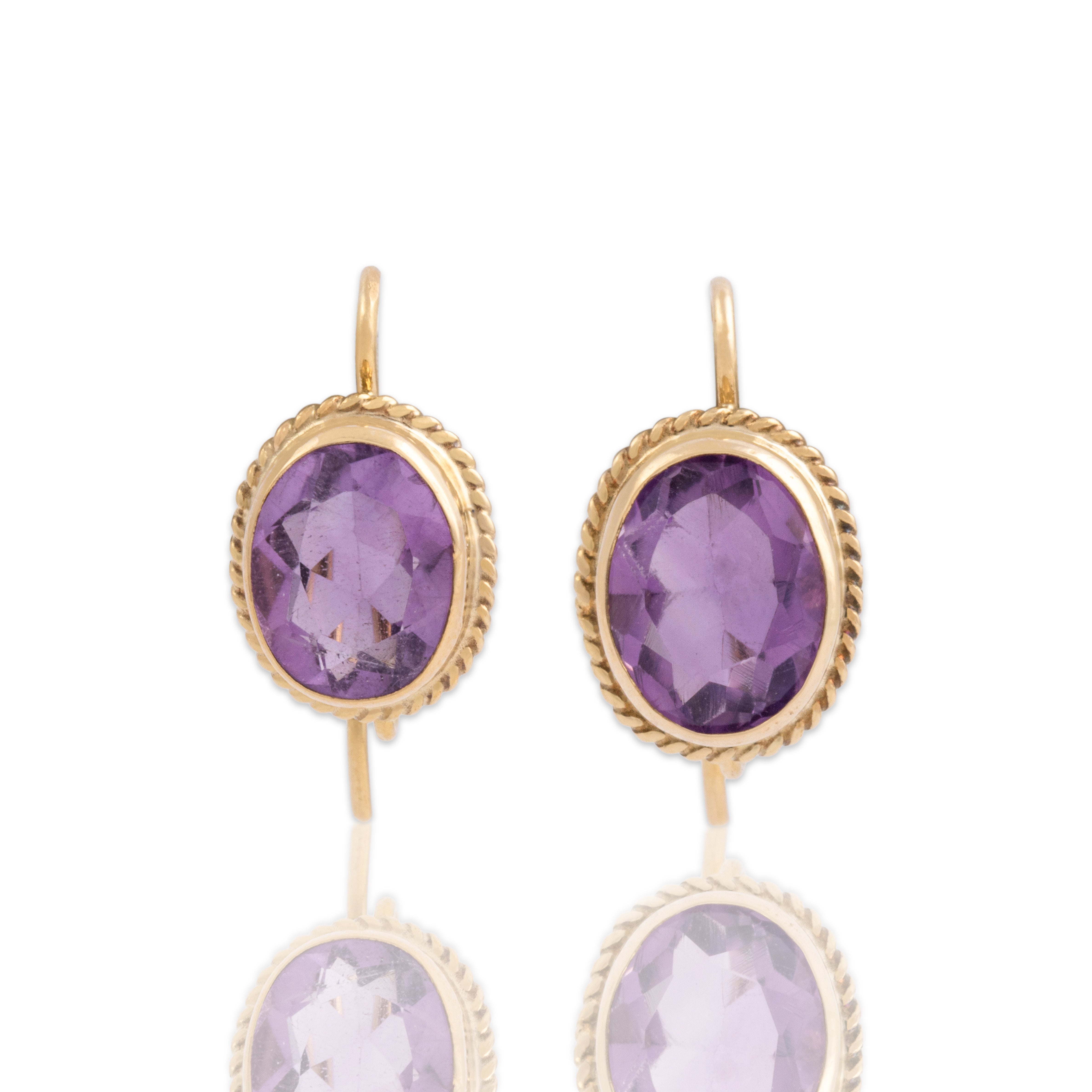Vintage 14k Yellow Gold 2.72cttw Amethyst Pretty Rope Framed Dangle Earrings