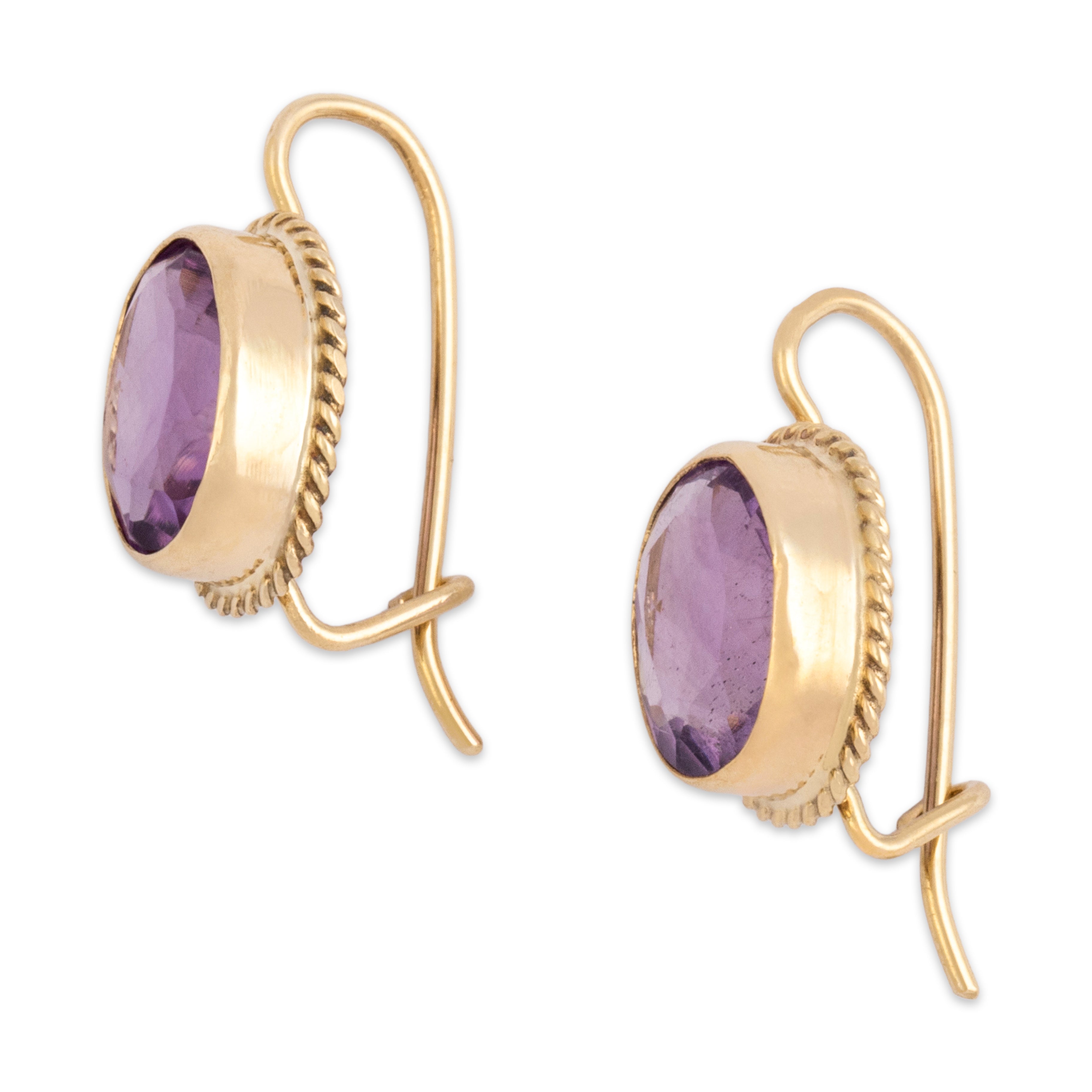 Vintage 14k Yellow Gold 2.72cttw Amethyst Pretty Rope Framed Dangle Earrings - Side view