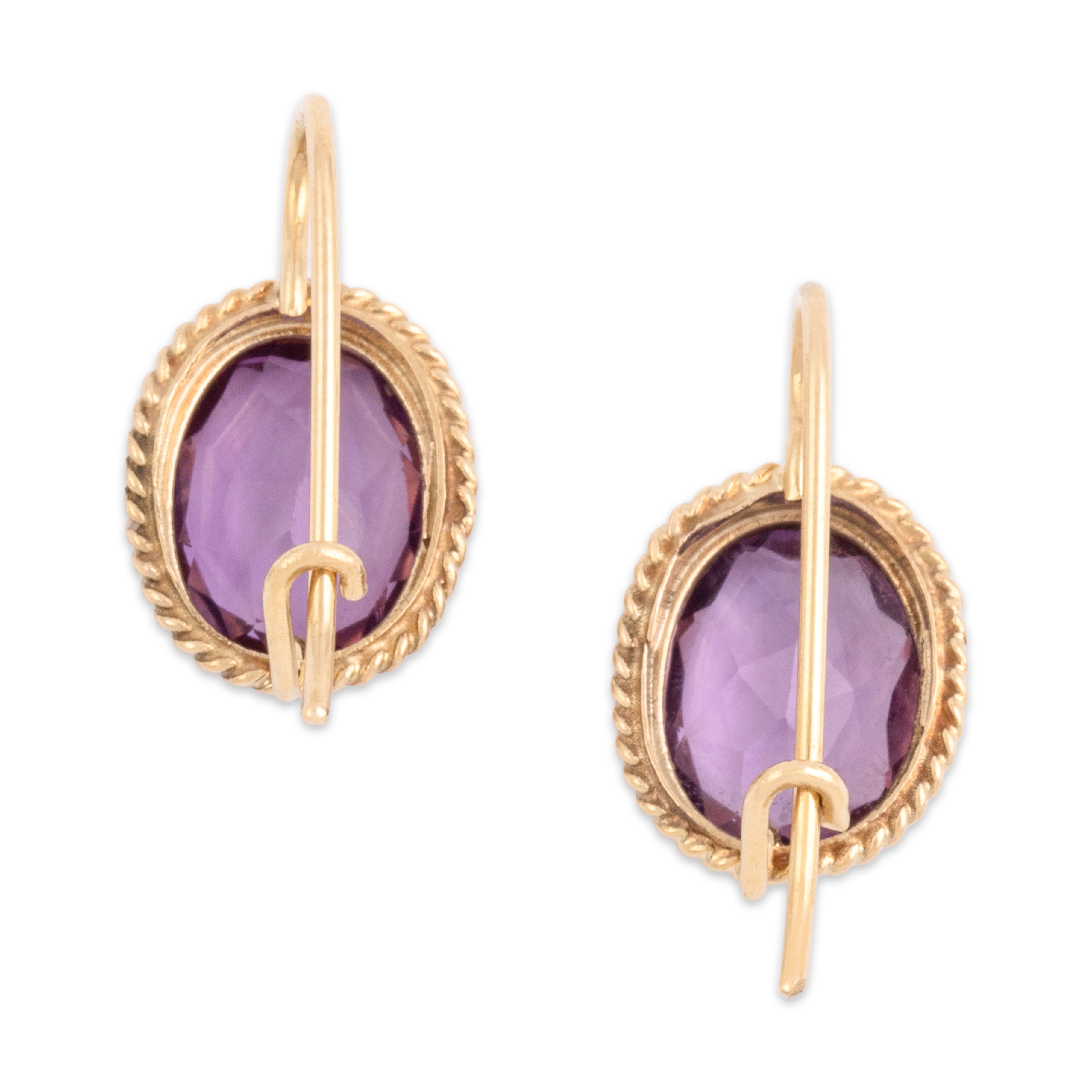 Vintage 14k Yellow Gold 2.72cttw Amethyst Pretty Rope Framed Dangle Earrings - Back view